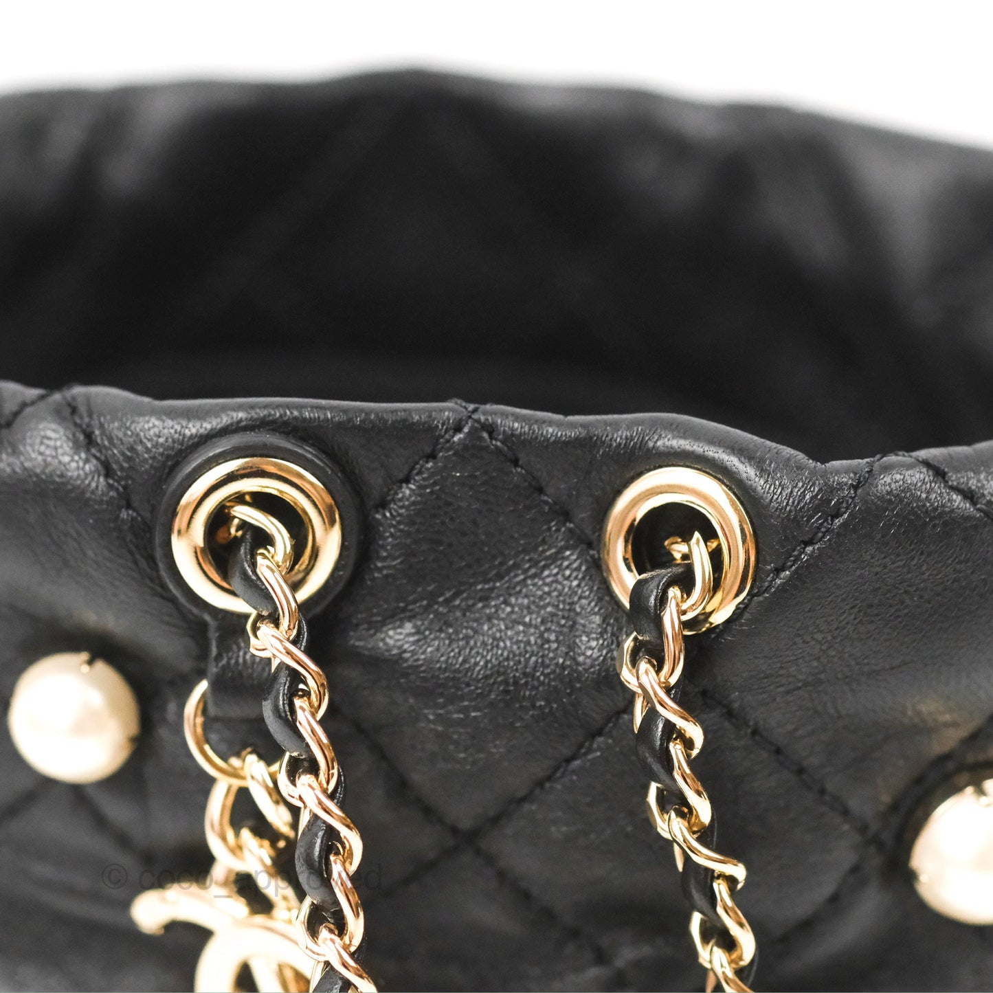 Chanel Drawstring Round Bucket Bag Pearl Embellished Quilted Lambskin