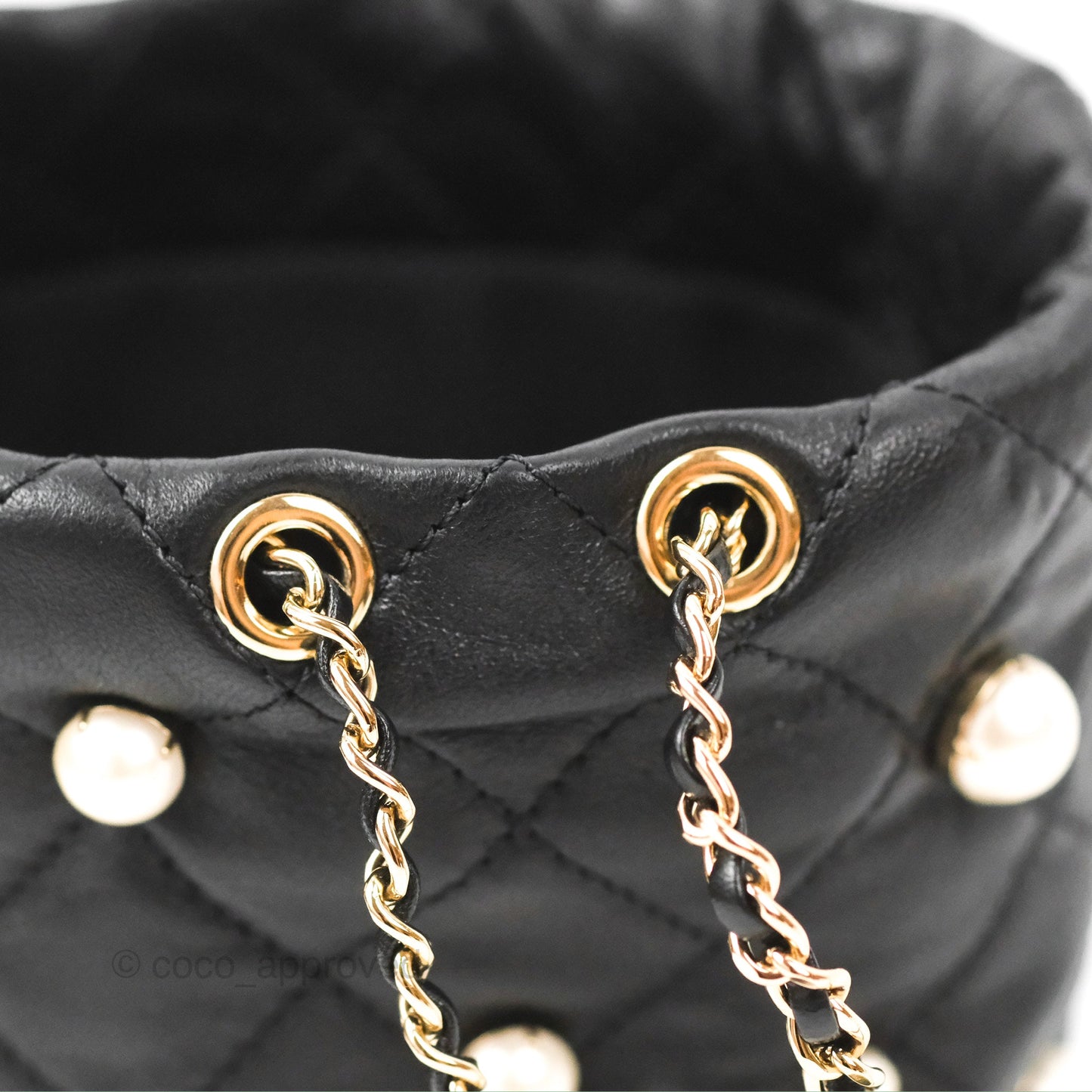 Chanel Drawstring Round Bucket Bag Pearl Embellished Quilted Lambskin