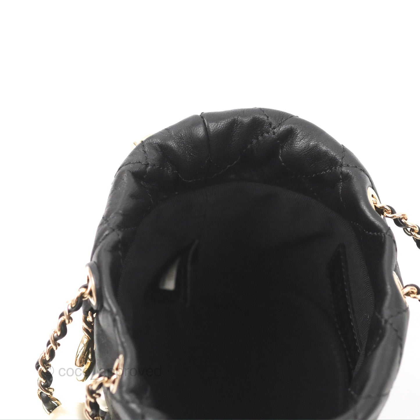 Chanel Drawstring Round Bucket Bag Pearl Embellished Quilted Lambskin