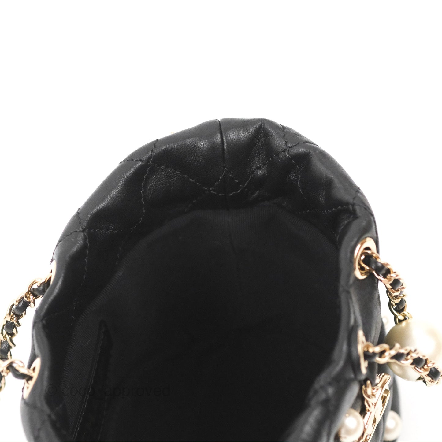 Chanel Drawstring Round Bucket Bag Pearl Embellished Quilted Lambskin