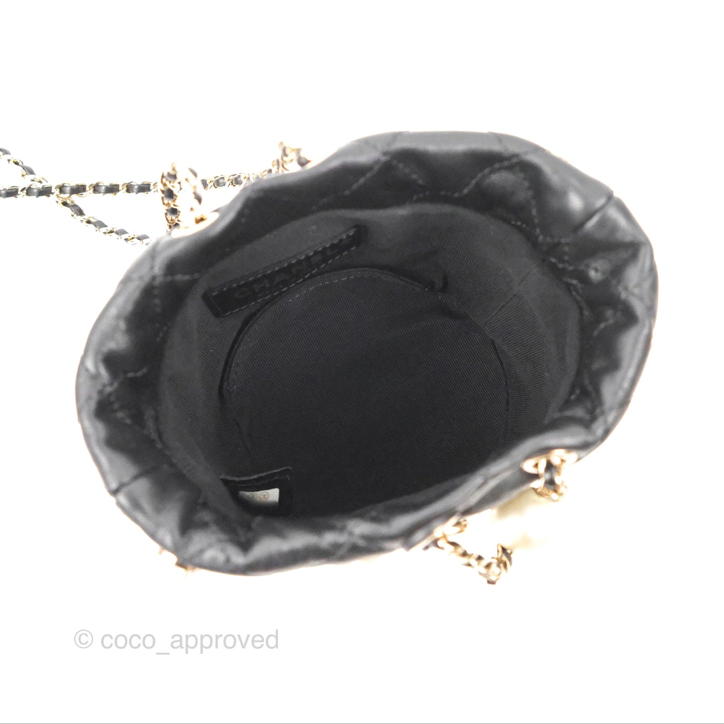 Chanel Drawstring Round Bucket Bag Pearl Embellished Quilted Lambskin
