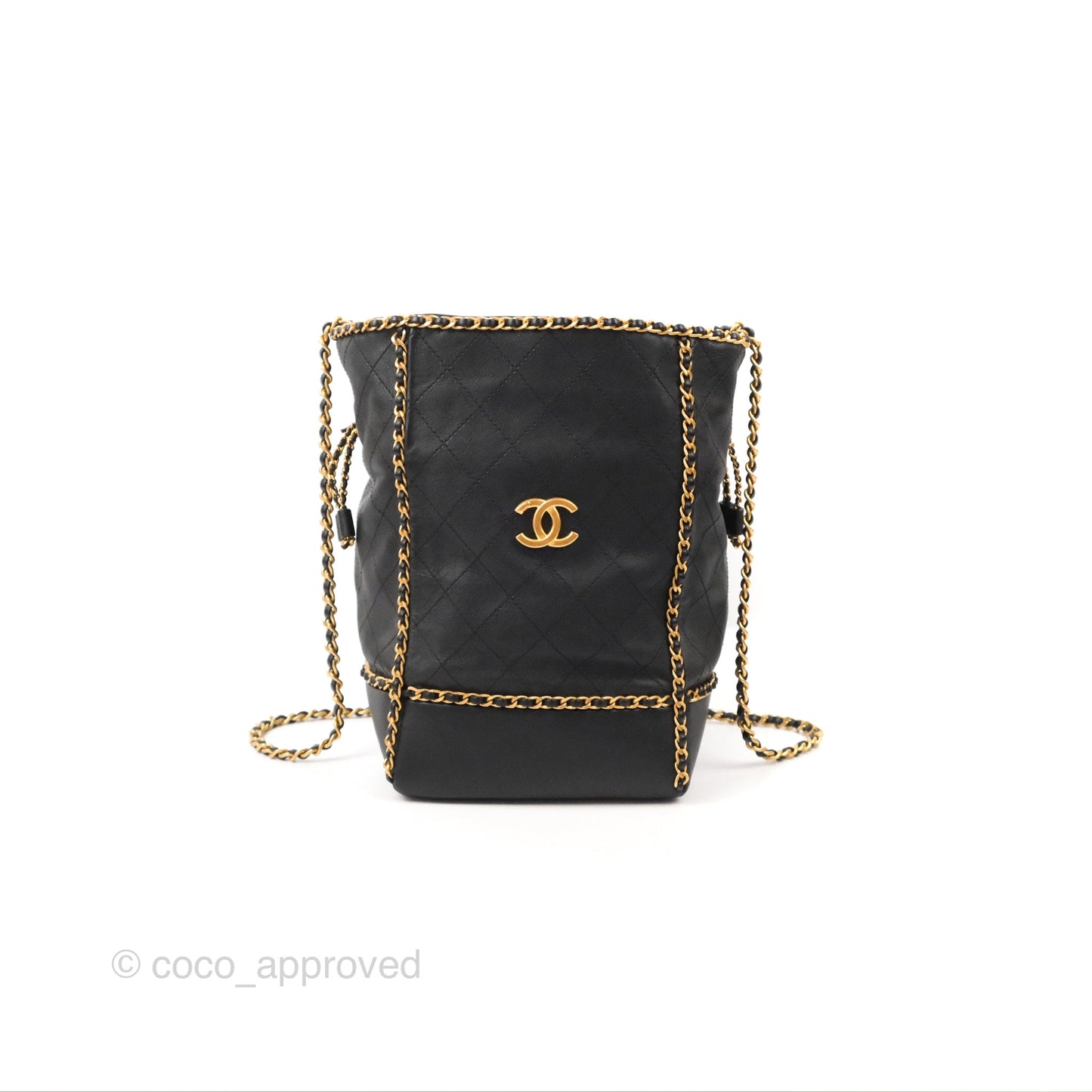 Chanel Quilted Chain Drawstring Black Calfskin Gold Hardware