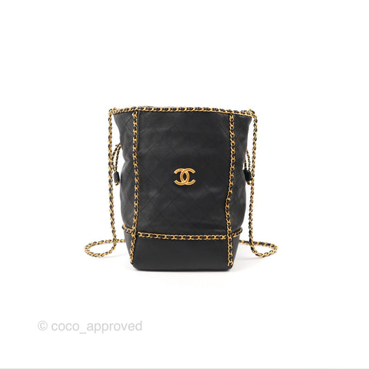 Chanel Quilted Chain Drawstring Black Calfskin Gold Hardware