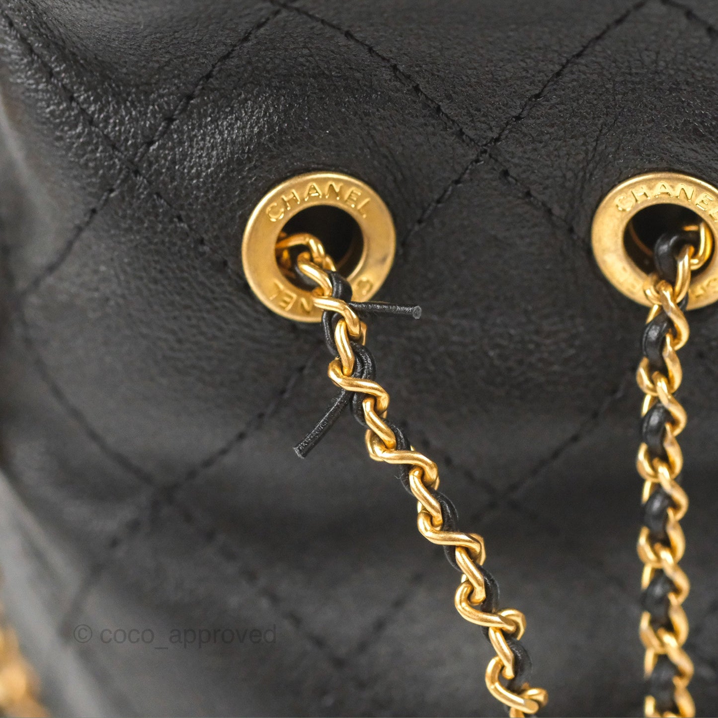 Chanel Quilted Chain Drawstring Black Calfskin Gold Hardware