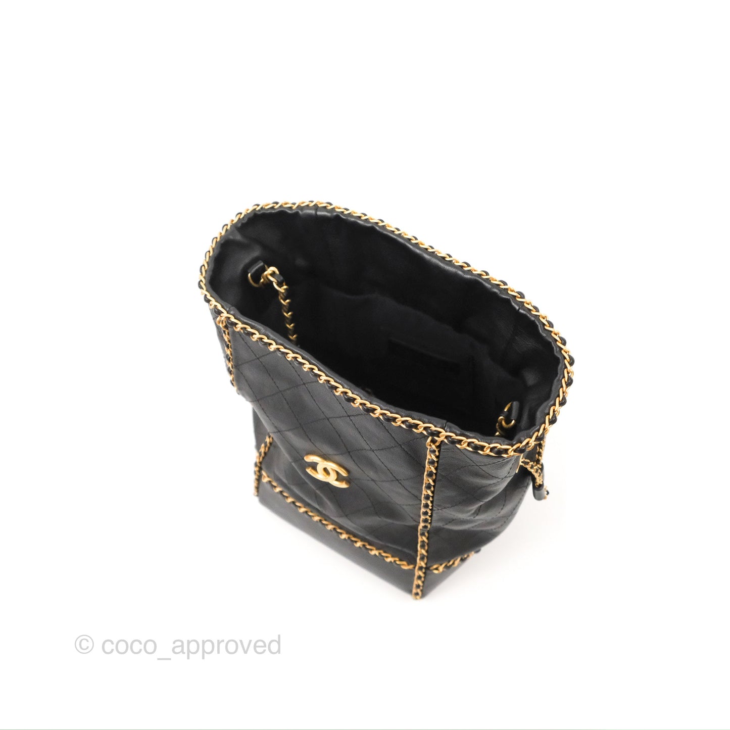 Chanel Quilted Chain Drawstring Black Calfskin Gold Hardware