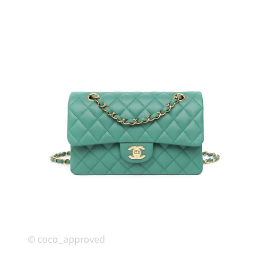 Chanel Small Classic Flap Quilted Green Lambskin Gold Hardware