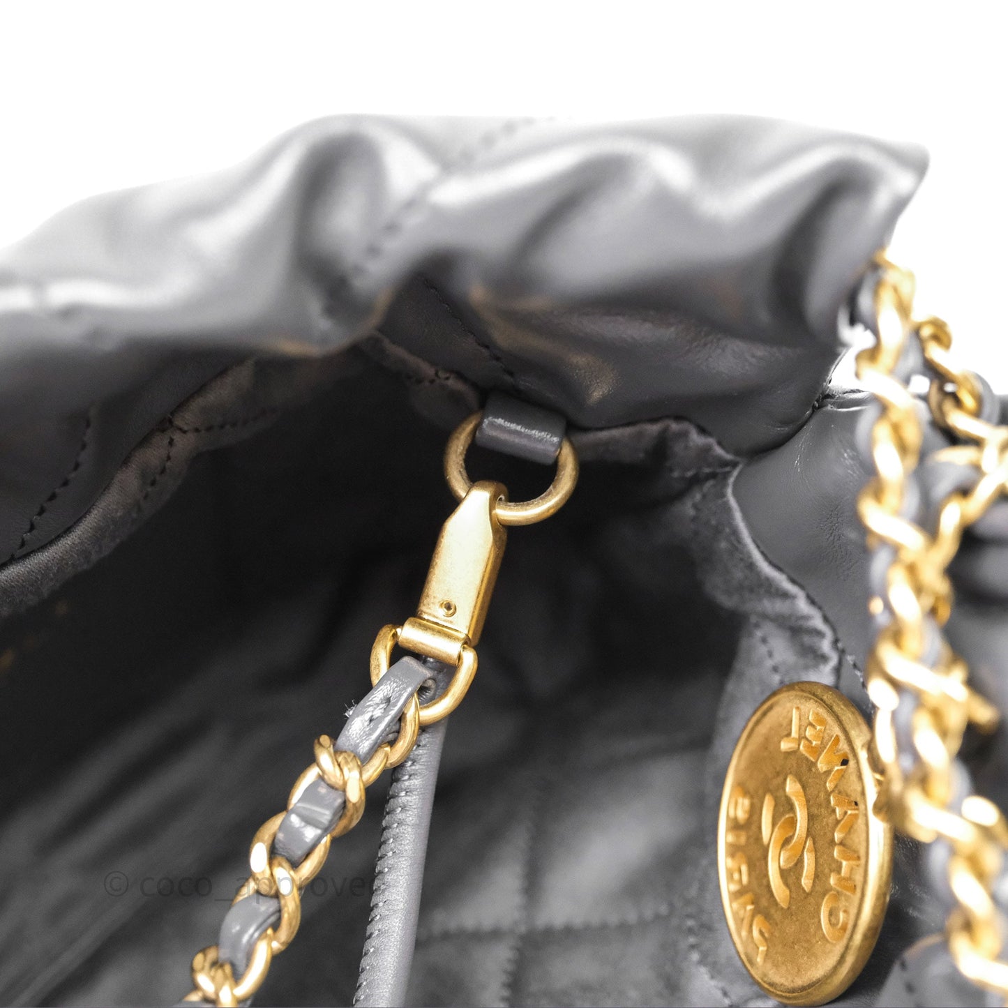 Chanel 22 Mini Bag Dark Grey Shiny Crumpled Calfskin Aged Gold Hardware