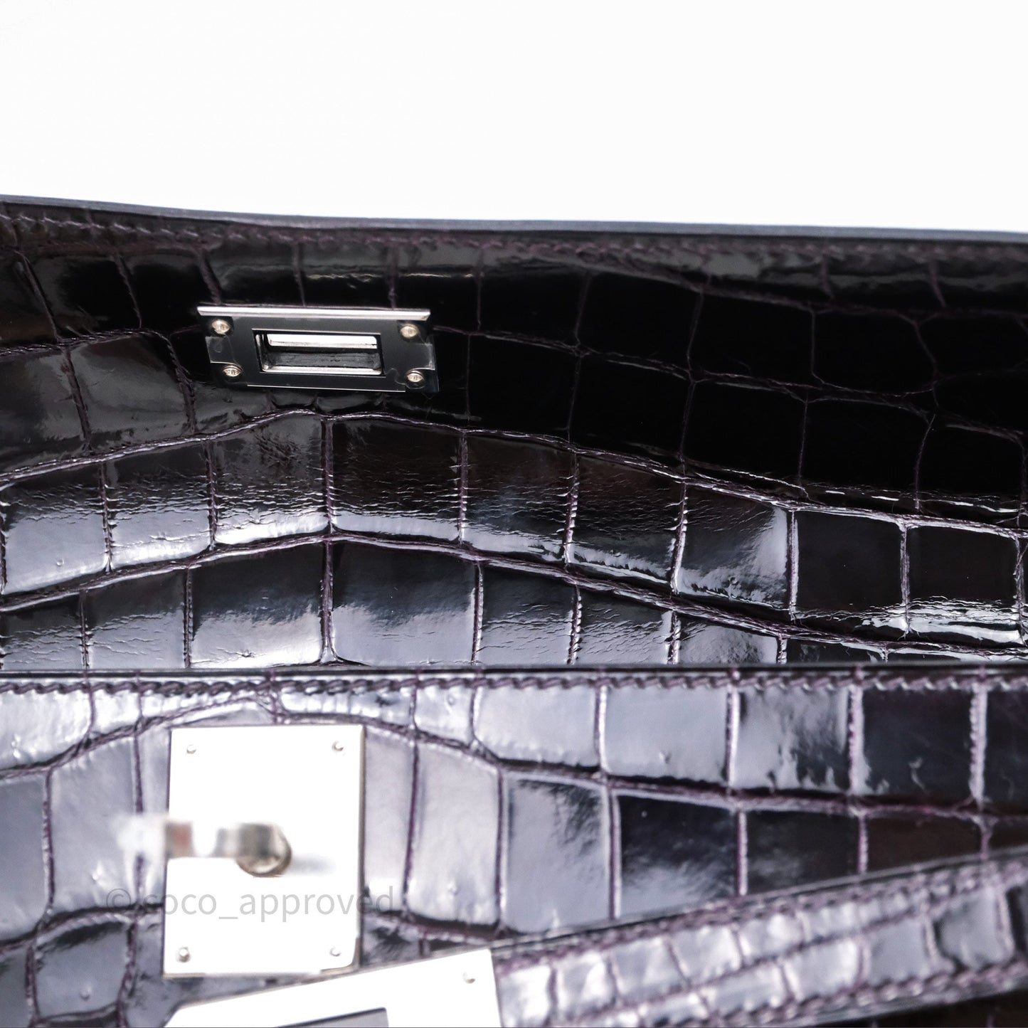 Hermes Kelly Cut Aubergine Shiny Niloticus Crocodile Palladium Hardware