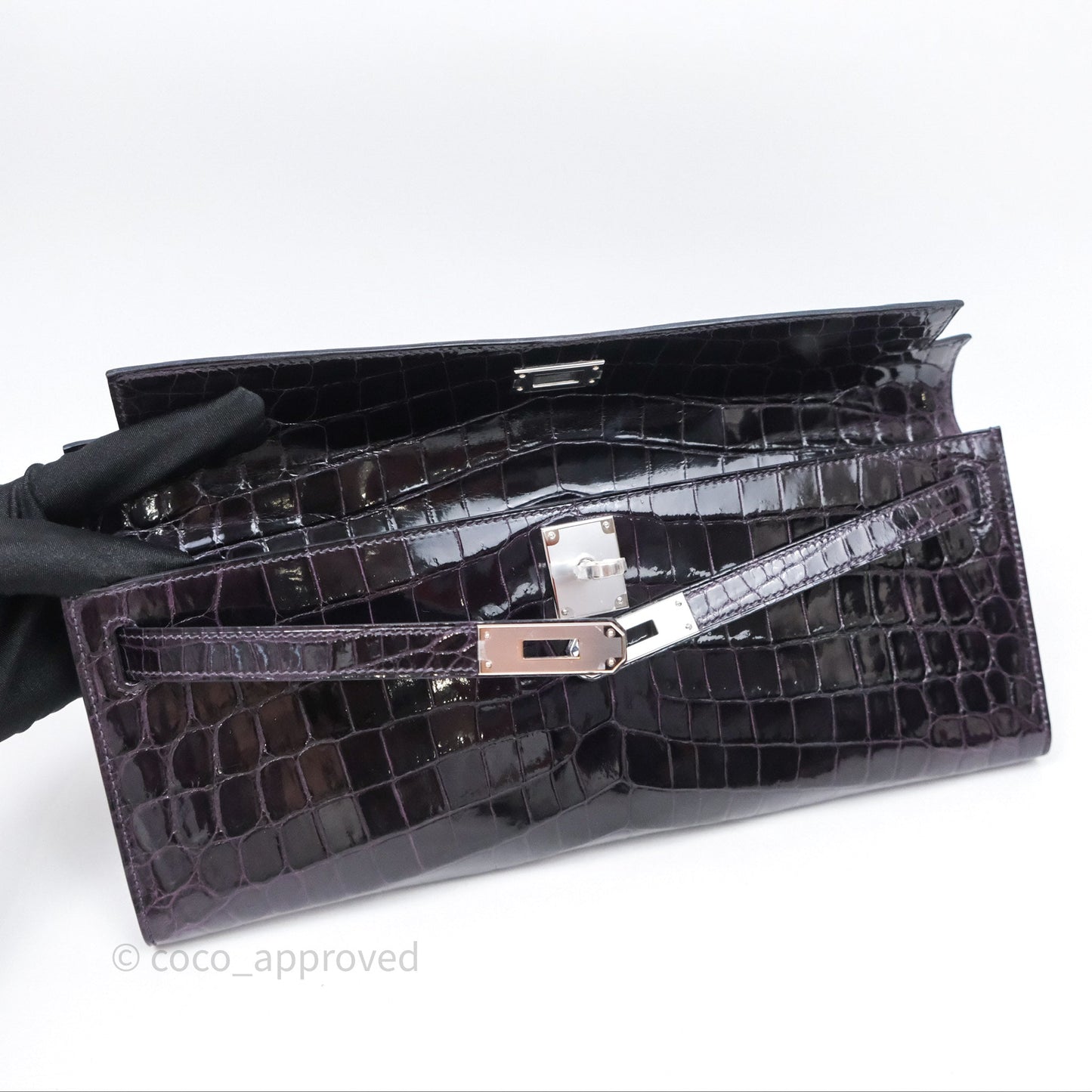 Hermes Kelly Cut Aubergine Shiny Niloticus Crocodile Palladium Hardware