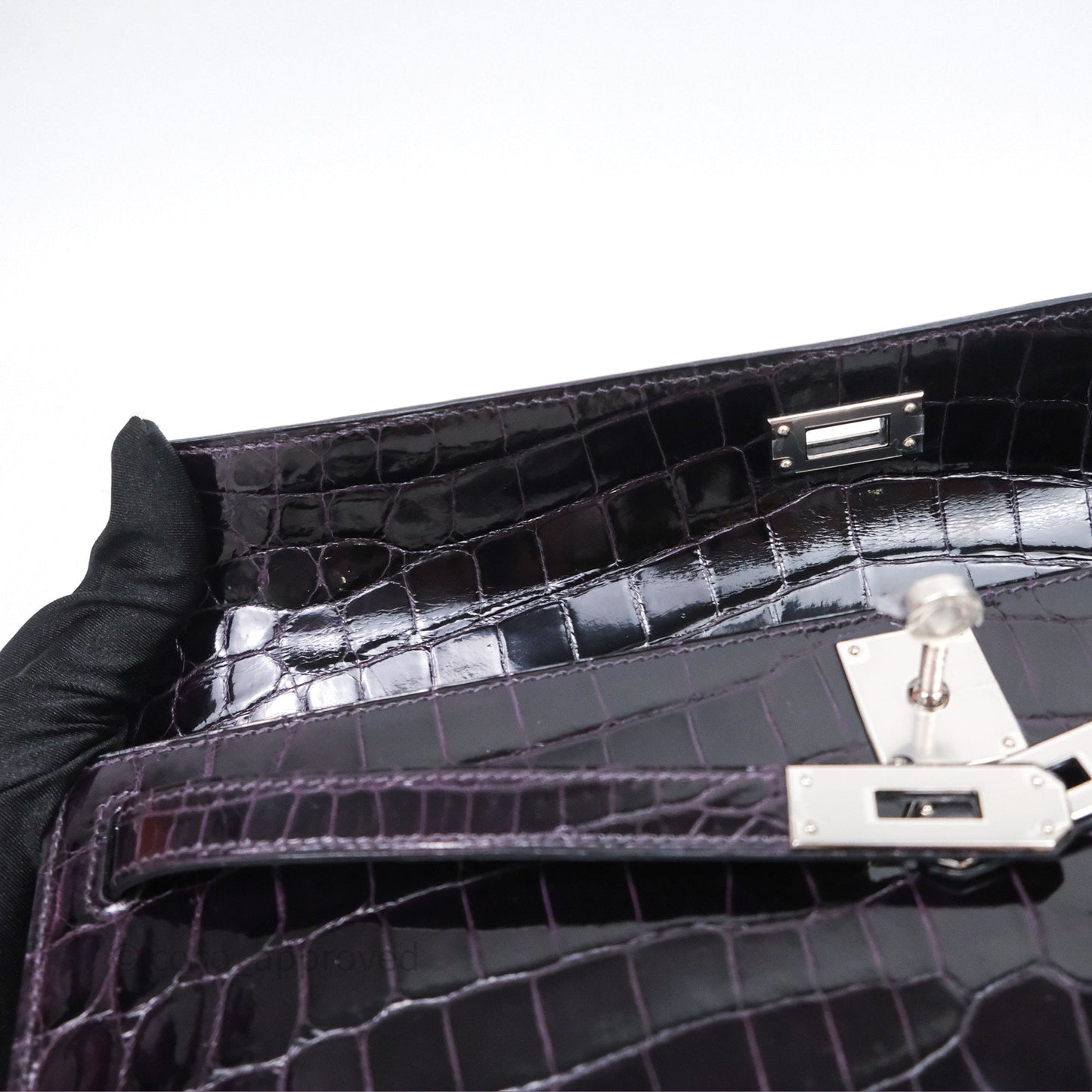 Hermes Kelly Cut Aubergine Shiny Niloticus Crocodile Palladium Hardware