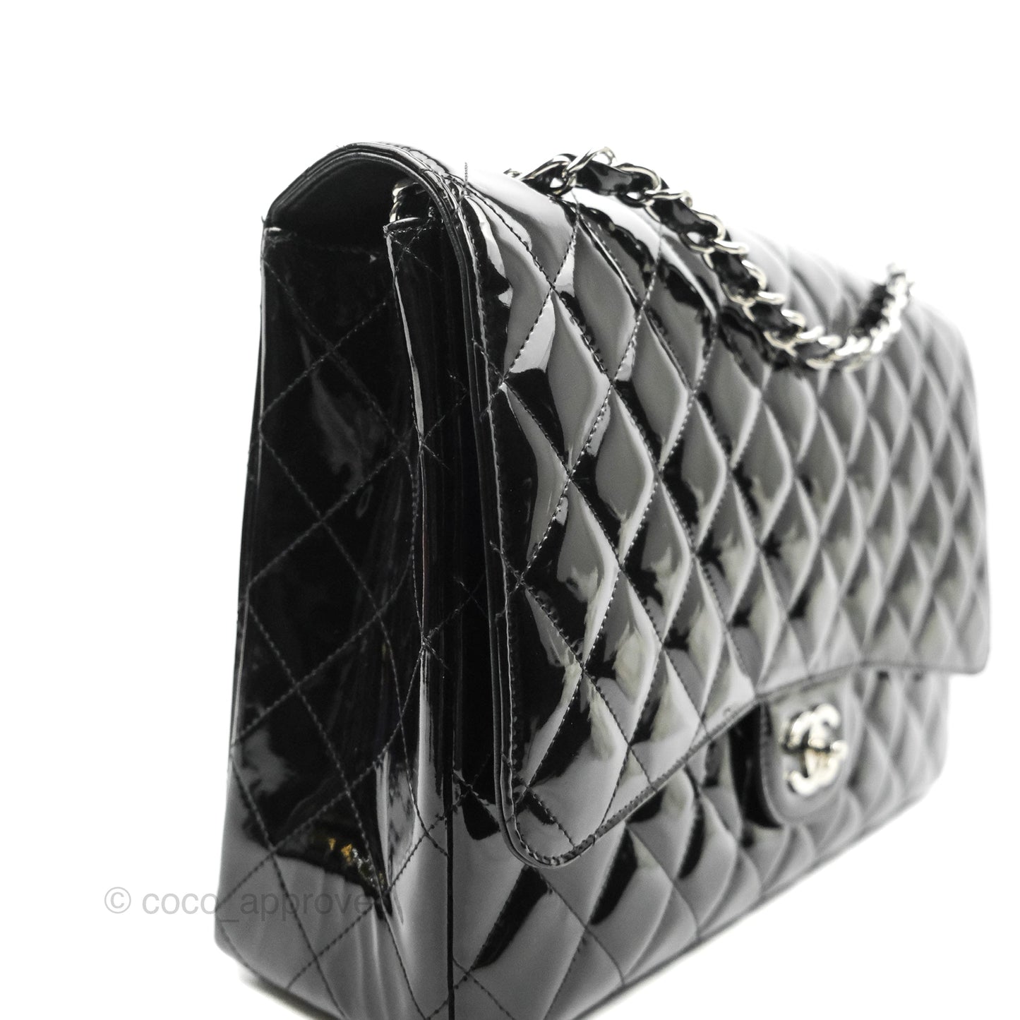 Chanel Quilted Maxi Single Flap Black Patent Silver Hardware