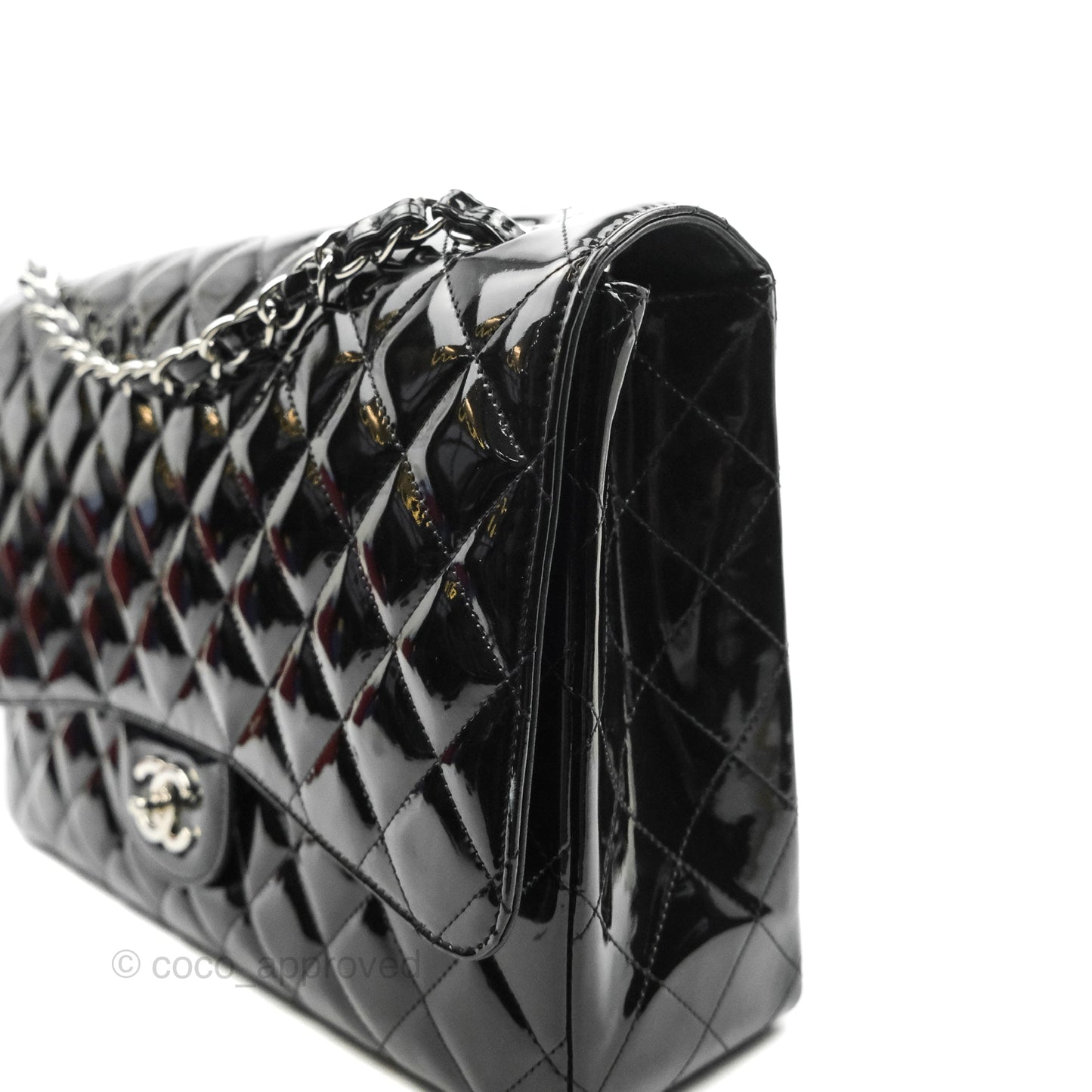 Chanel Quilted Maxi Single Flap Black Patent Silver Hardware