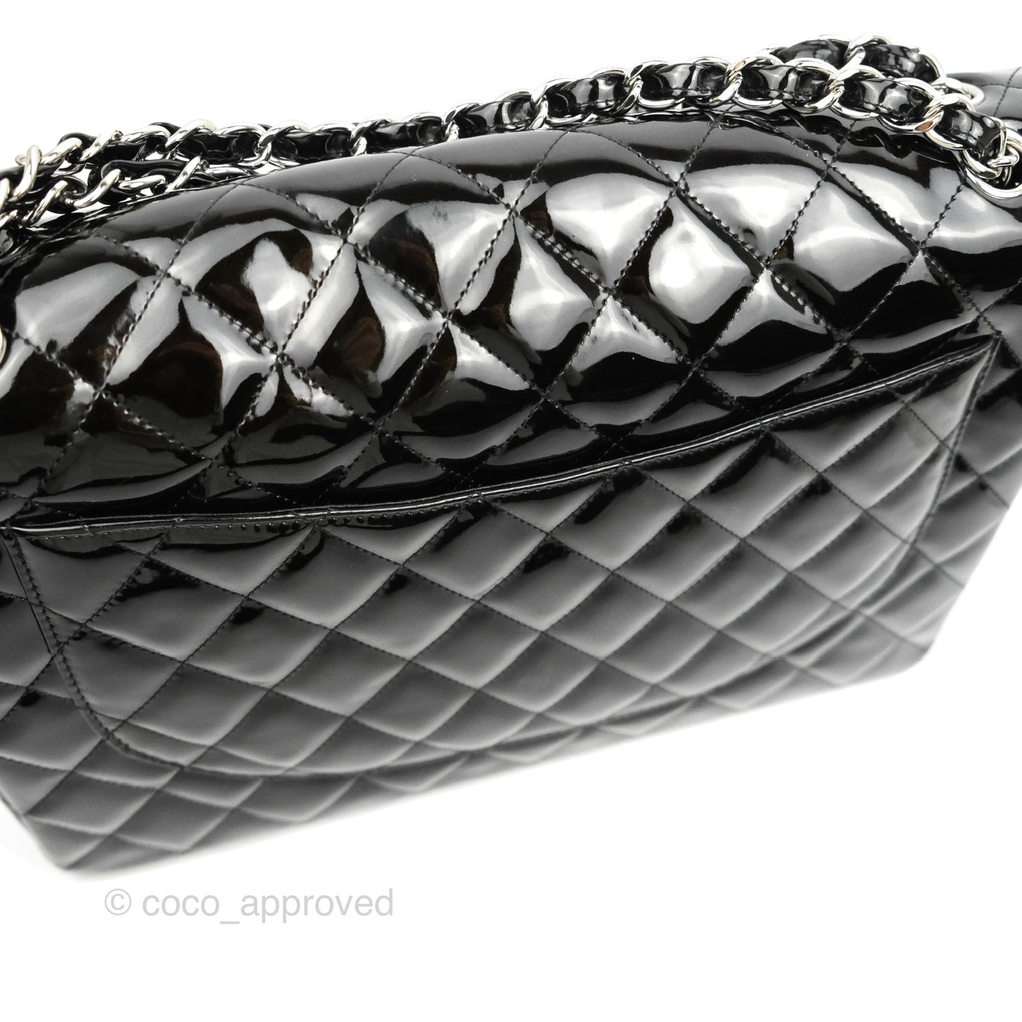 Chanel Quilted Maxi Single Flap Black Patent Silver Hardware