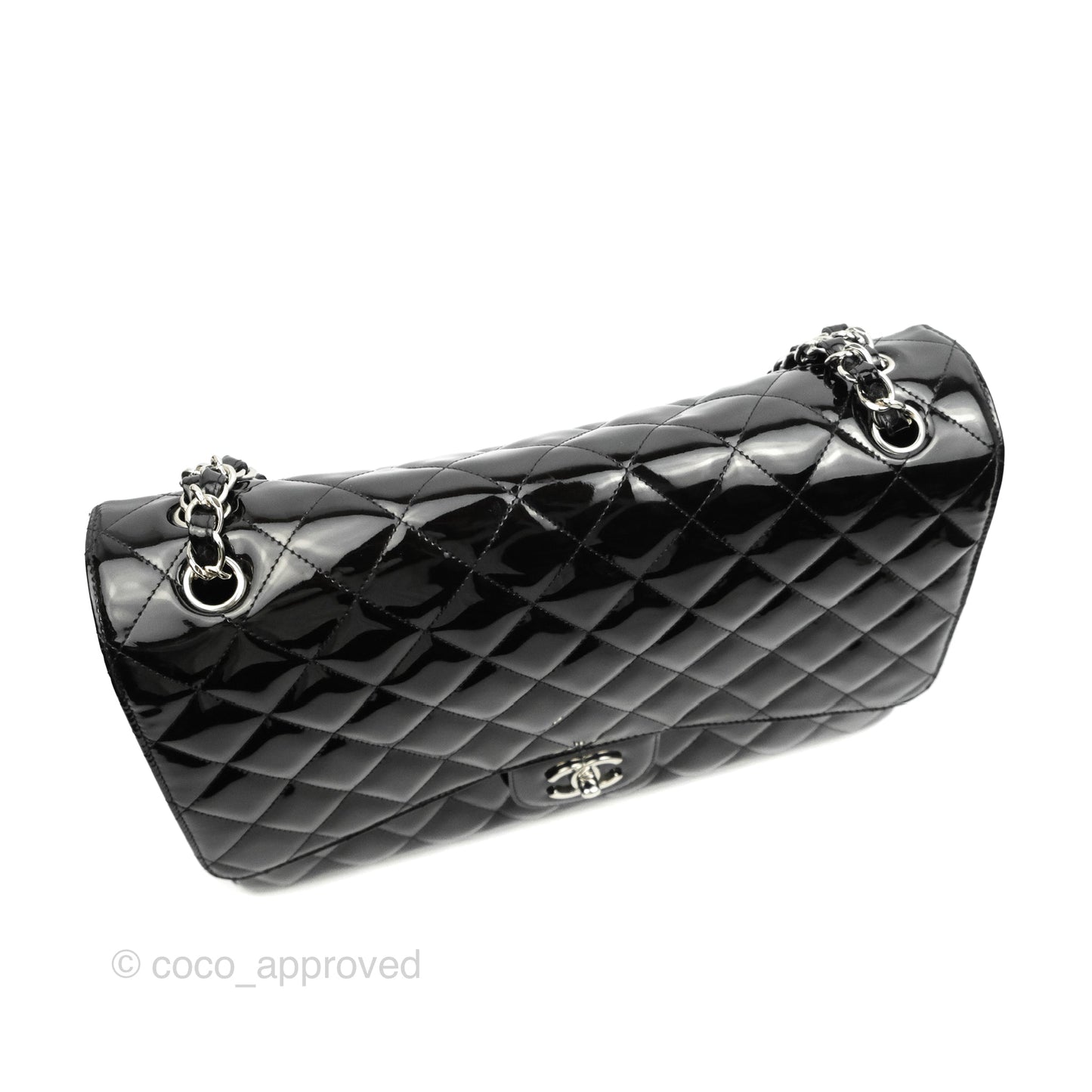 Chanel Quilted Maxi Single Flap Black Patent Silver Hardware
