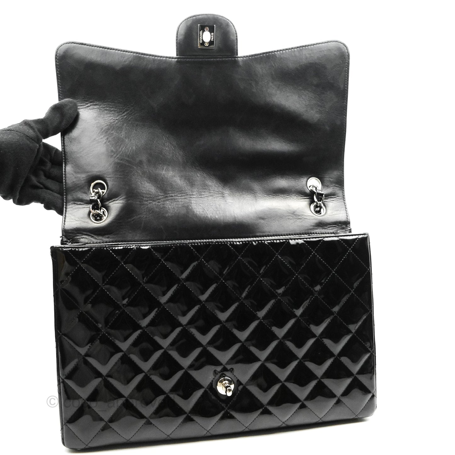 Chanel Quilted Maxi Single Flap Black Patent Silver Hardware