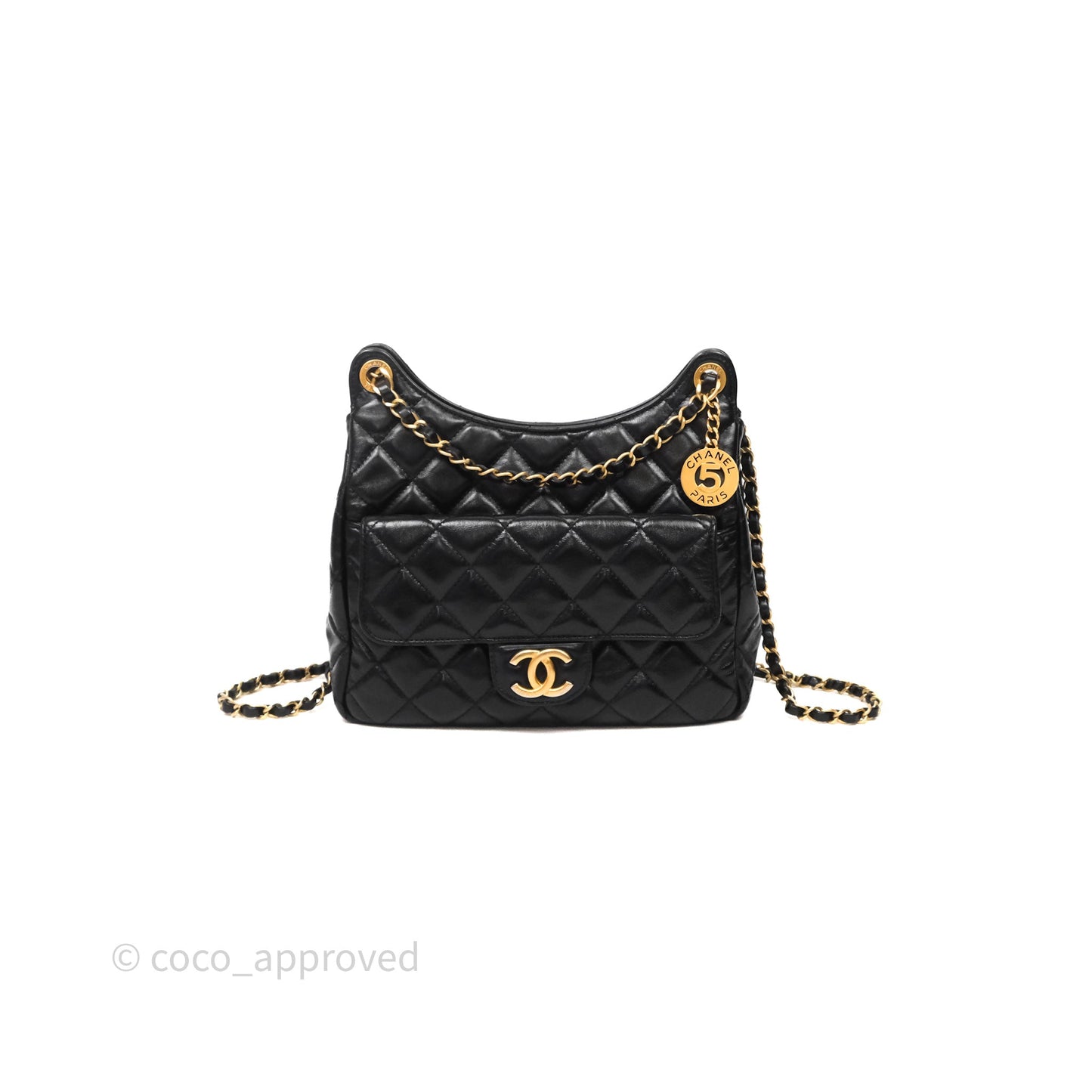 Chanel Medium Wavy CC Hobo Black Shiny Crumpled Calfskin Aged Gold Hardware