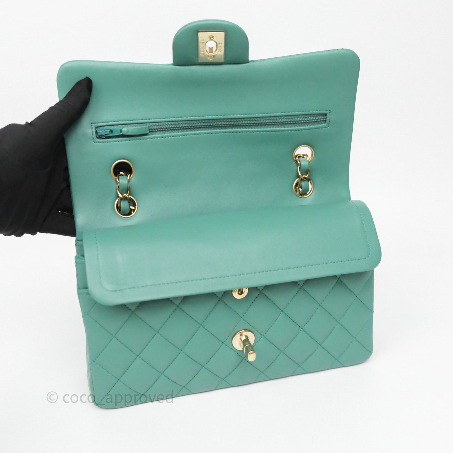 Chanel Small Classic Flap Quilted Green Lambskin Gold Hardware