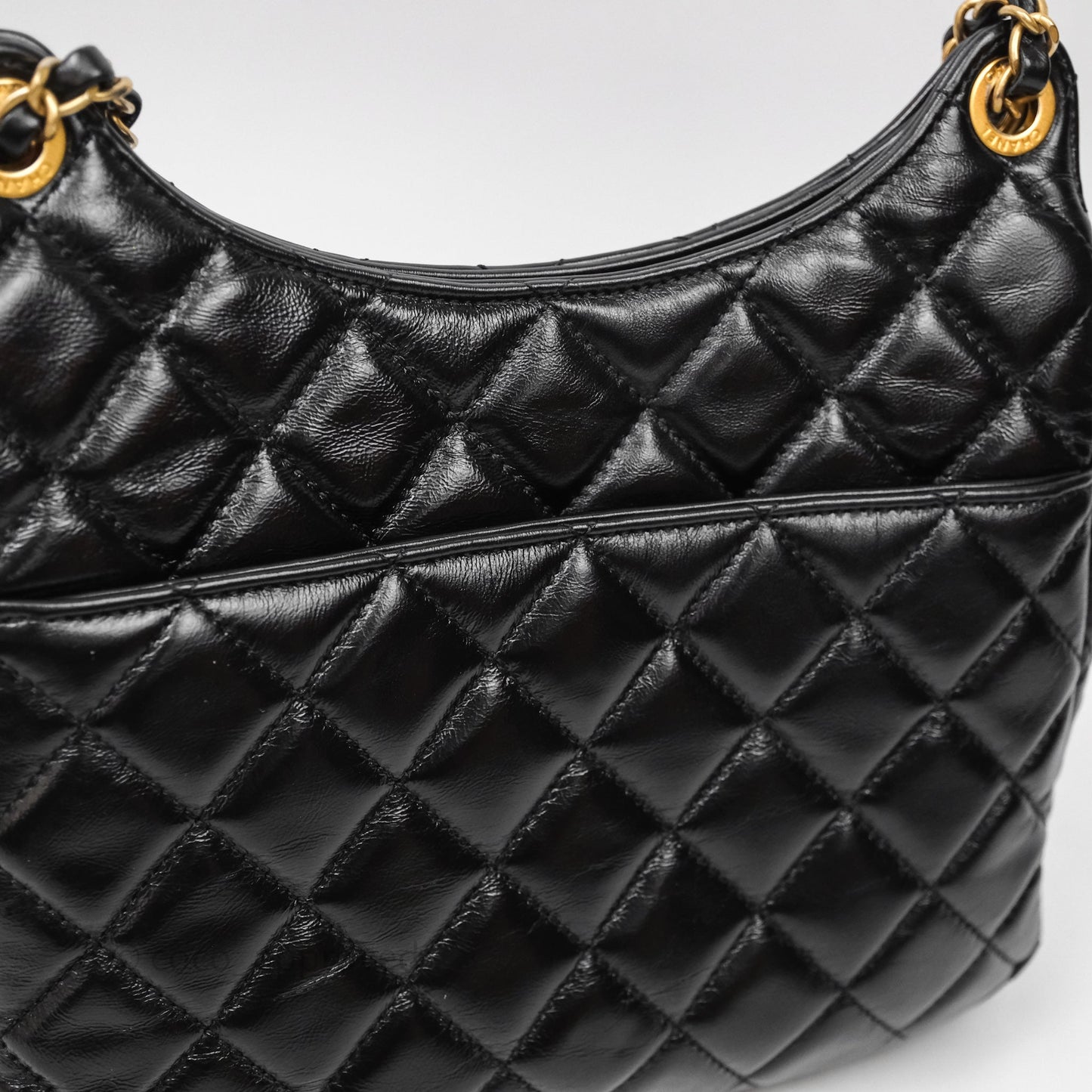 Chanel Medium Wavy CC Hobo Black Shiny Crumpled Calfskin Aged Gold Hardware
