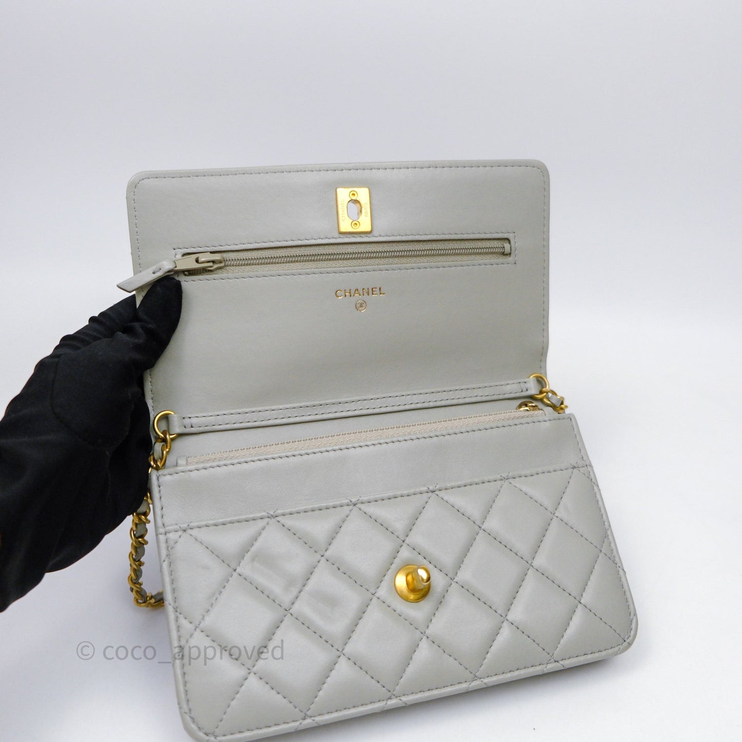 Chanel Quilted Pearl Crush Wallet on Chain WOC Grey Lambskin Aged Gold Hardware