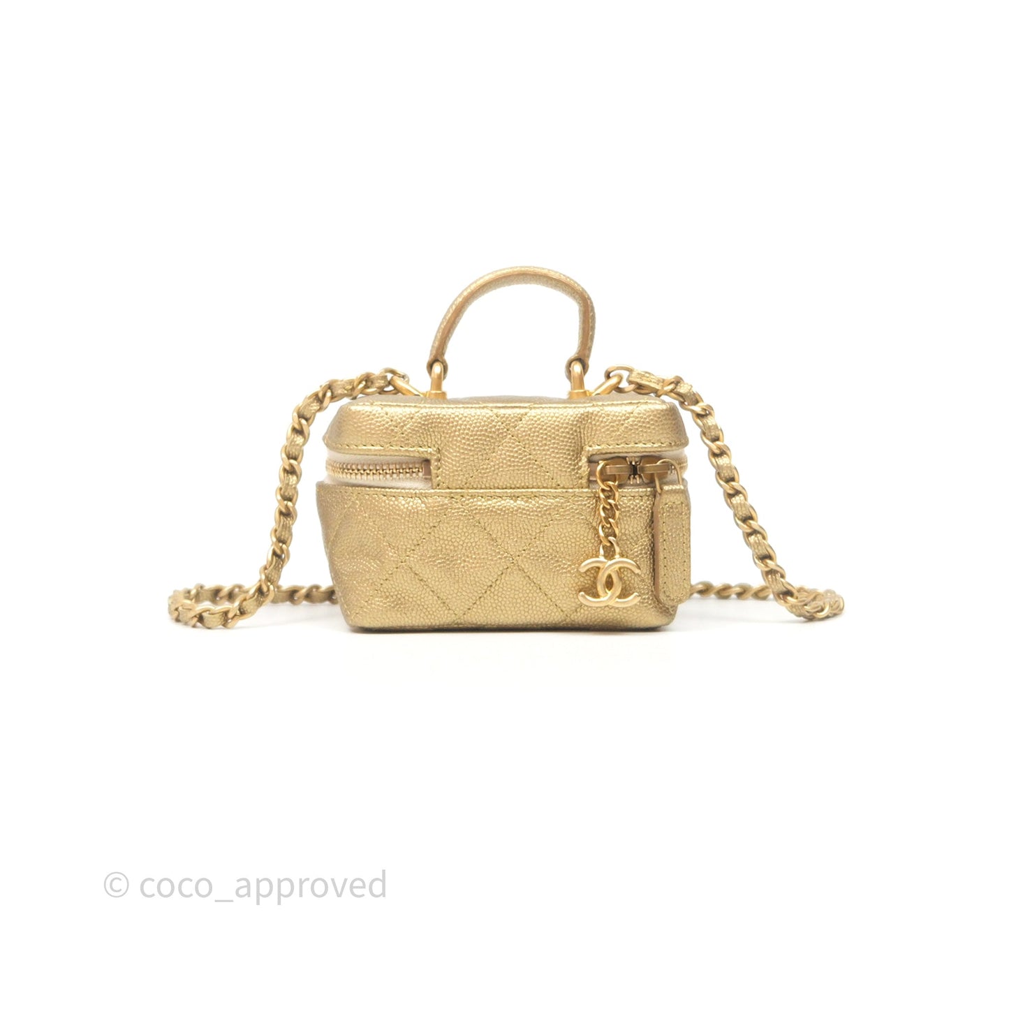 Chanel Quilted Mini Top Handle Vanity With Chain Gold Caviar Brushed Gold Hardware