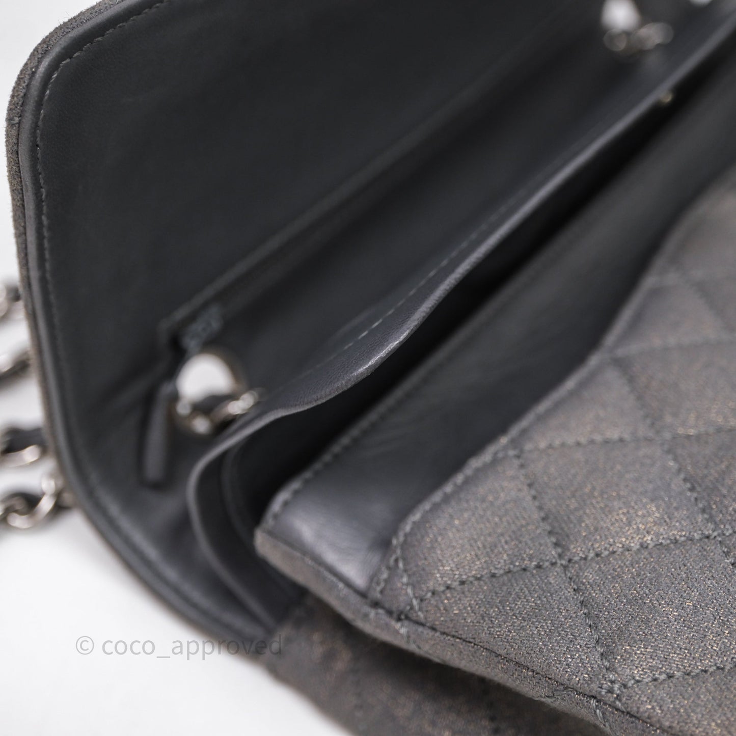 Chanel Classic M/L Medium Flap Quilted Iridescent Metallic Grey Canvas Silver Hardware