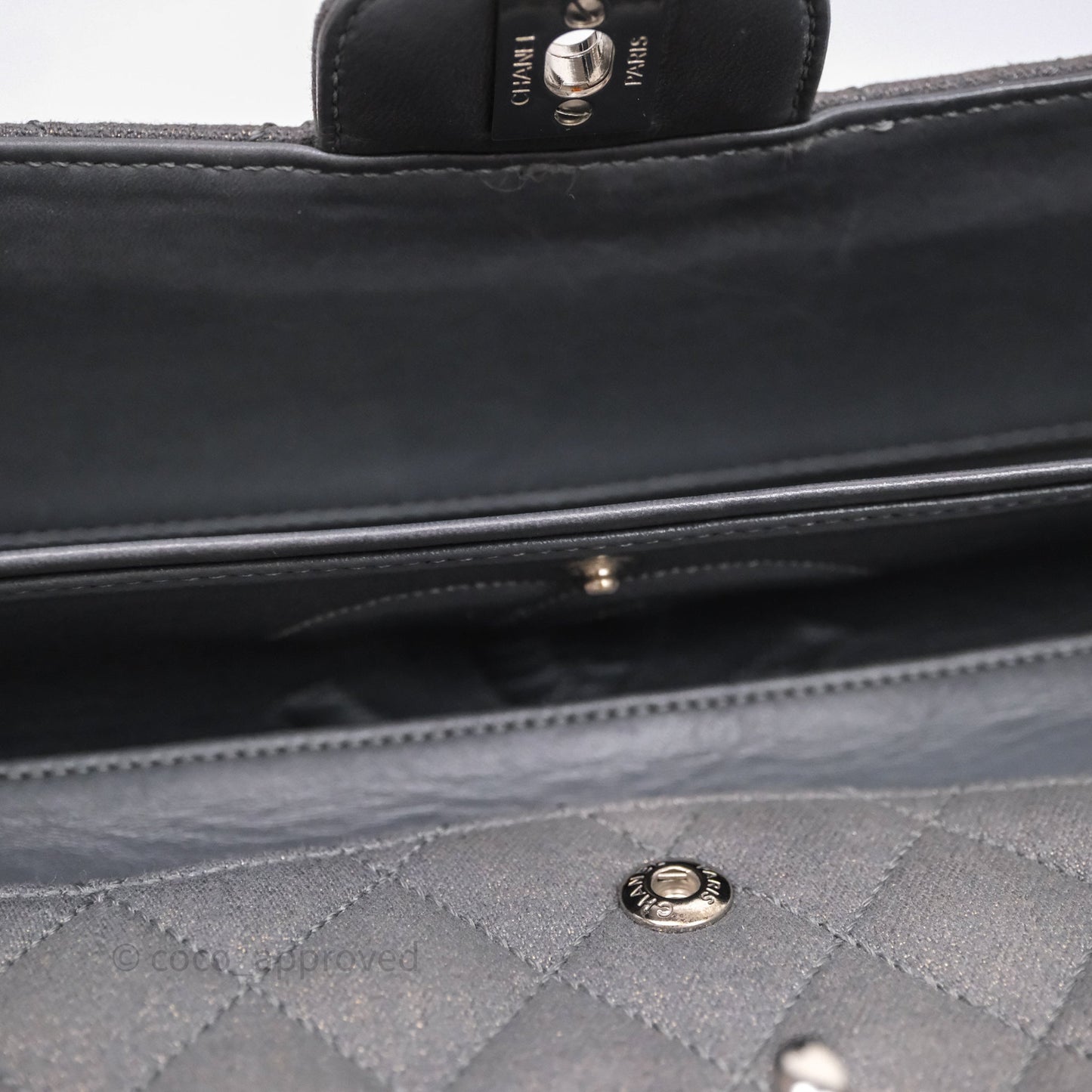 Chanel Classic M/L Medium Flap Quilted Iridescent Metallic Grey Canvas Silver Hardware