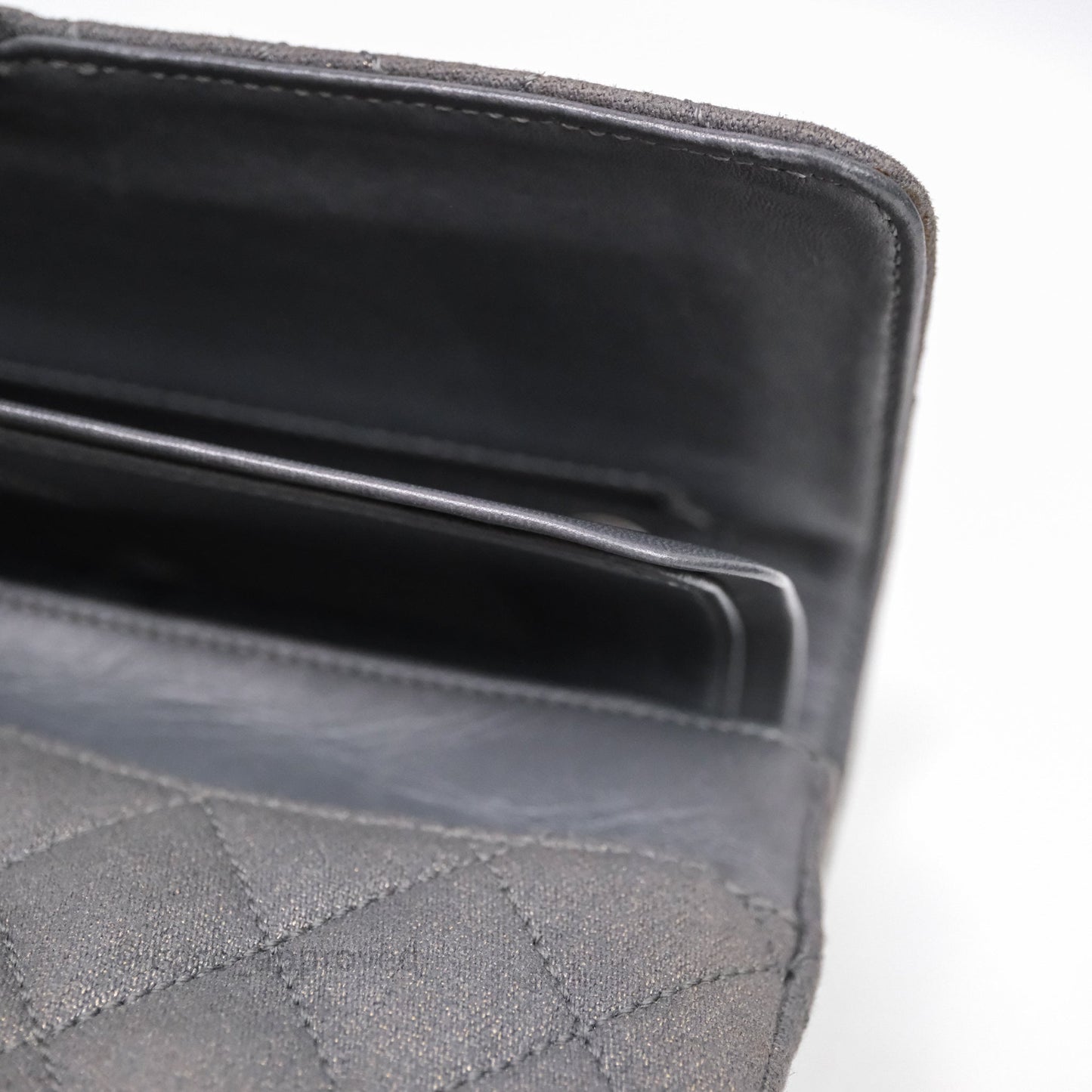 Chanel Classic M/L Medium Flap Quilted Iridescent Metallic Grey Canvas Silver Hardware