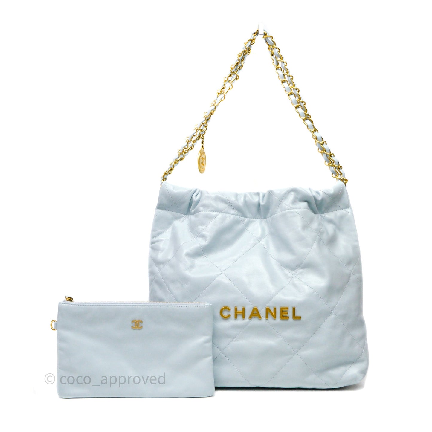 Chanel 22 Small Light Blue Shiny Calfskin Aged Gold Hardware