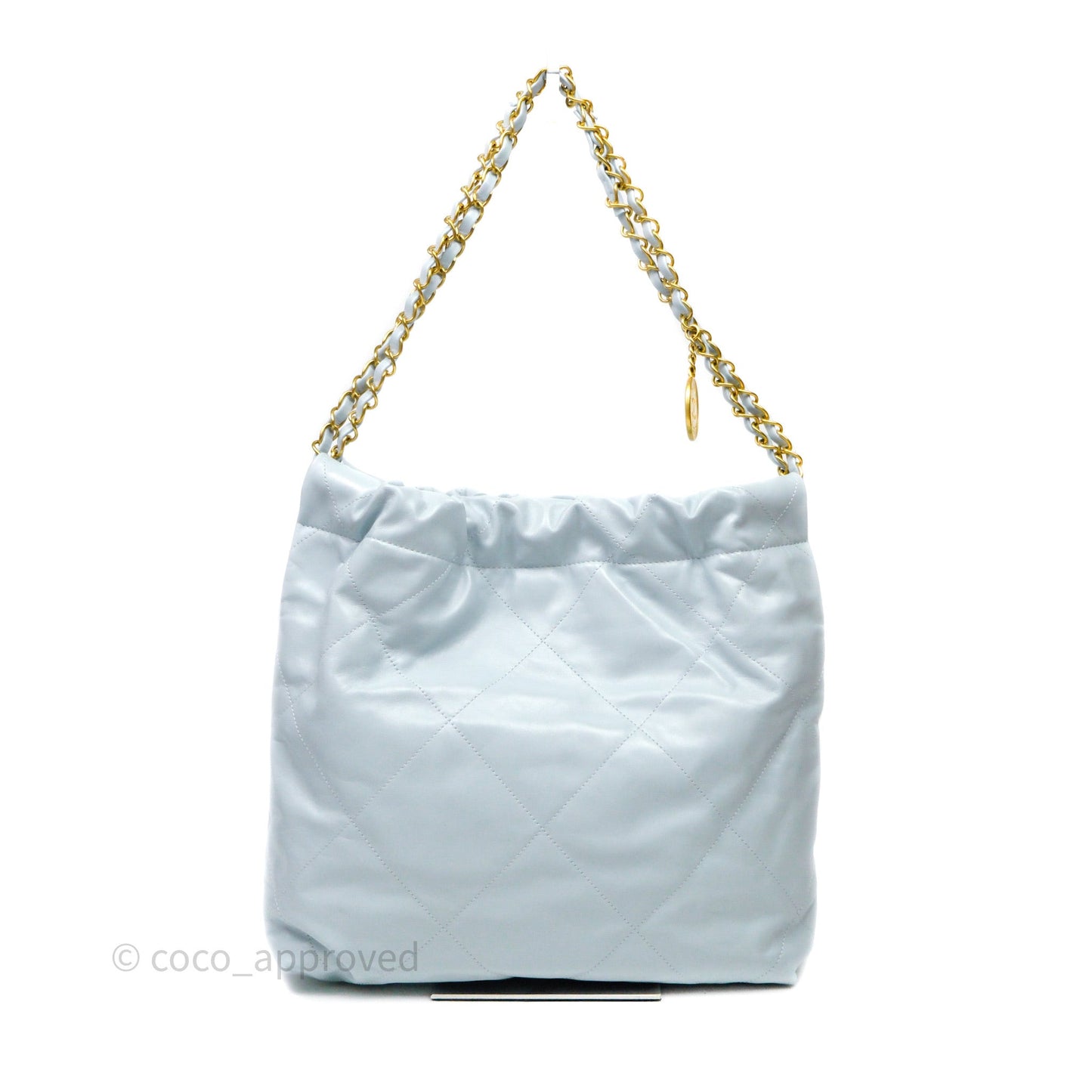 Chanel 22 Small Light Blue Shiny Calfskin Aged Gold Hardware