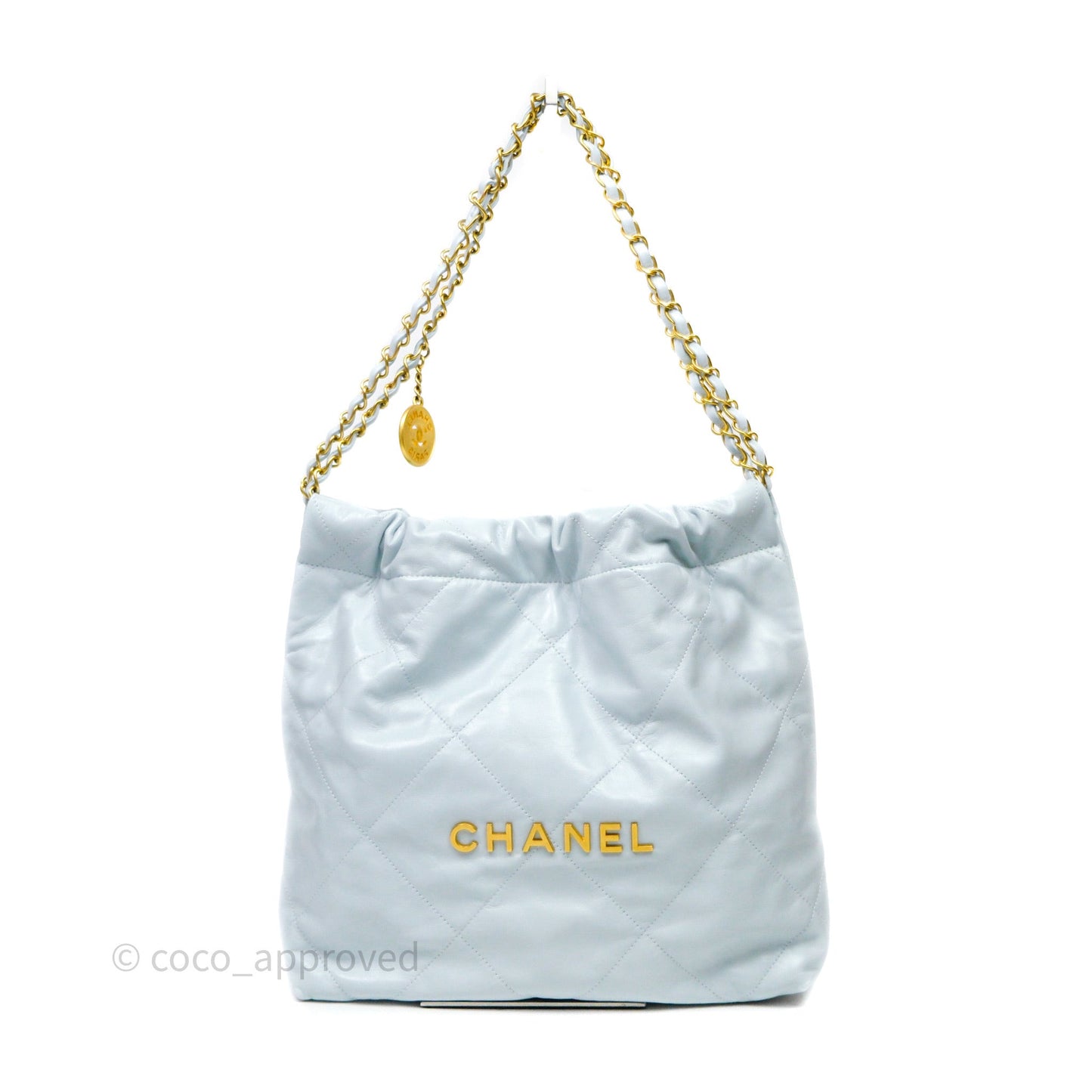 Chanel 22 Small Light Blue Shiny Calfskin Aged Gold Hardware