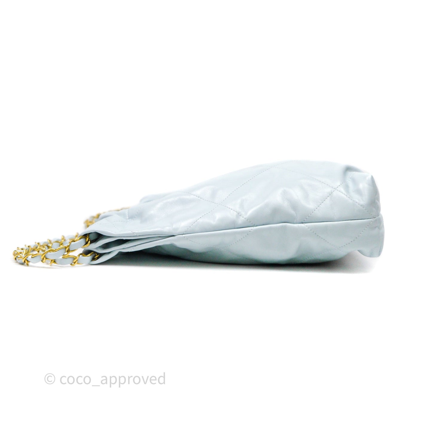Chanel 22 Small Light Blue Shiny Calfskin Aged Gold Hardware