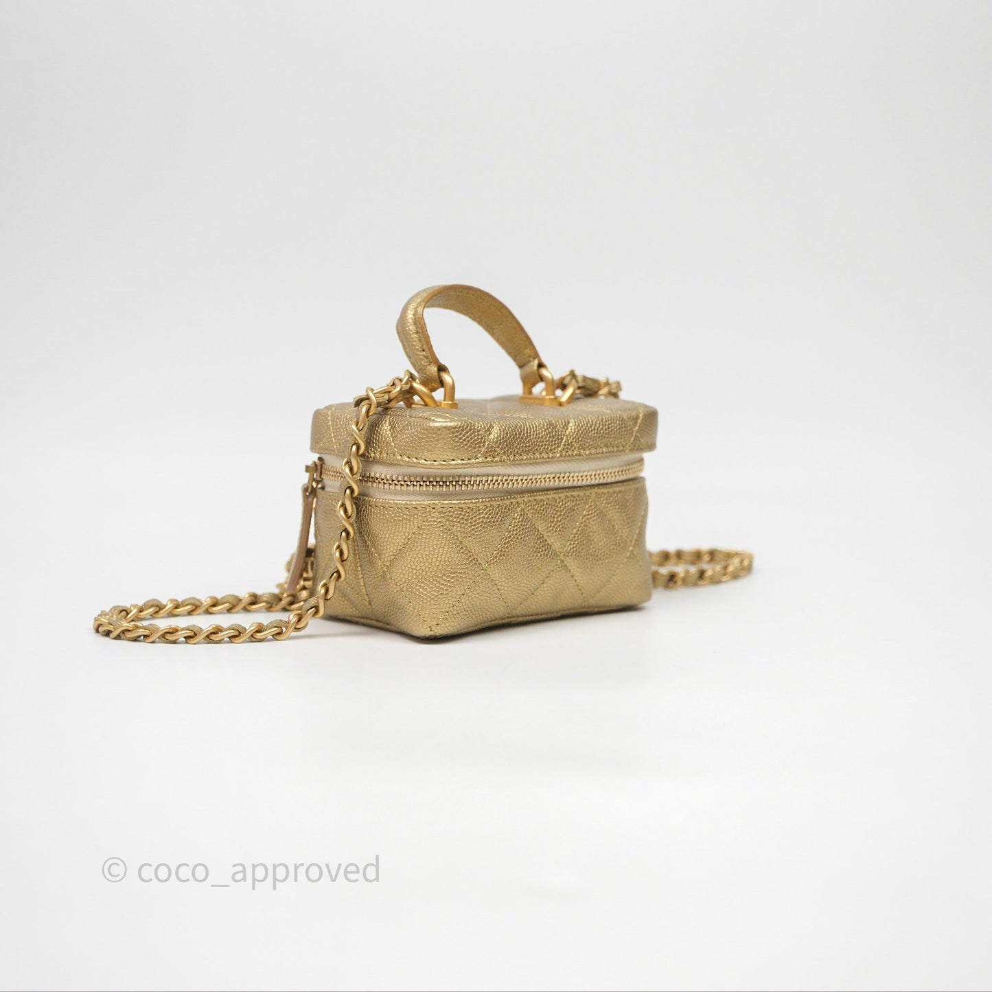 Chanel Quilted Mini Top Handle Vanity With Chain Gold Caviar Brushed Gold Hardware