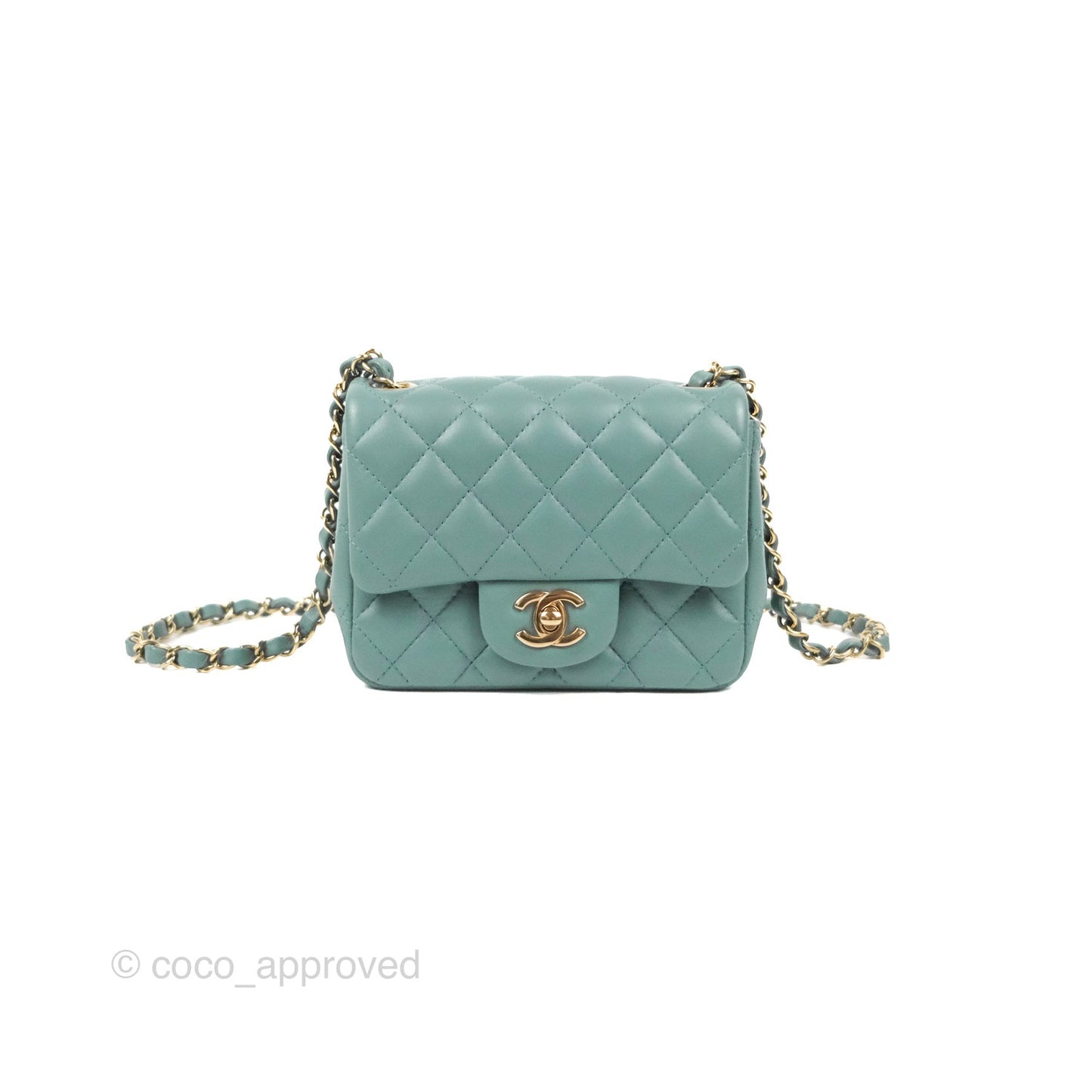 Chanel Quilted Mini Square Flap Light Teal Blue Lambskin Gold Hardware