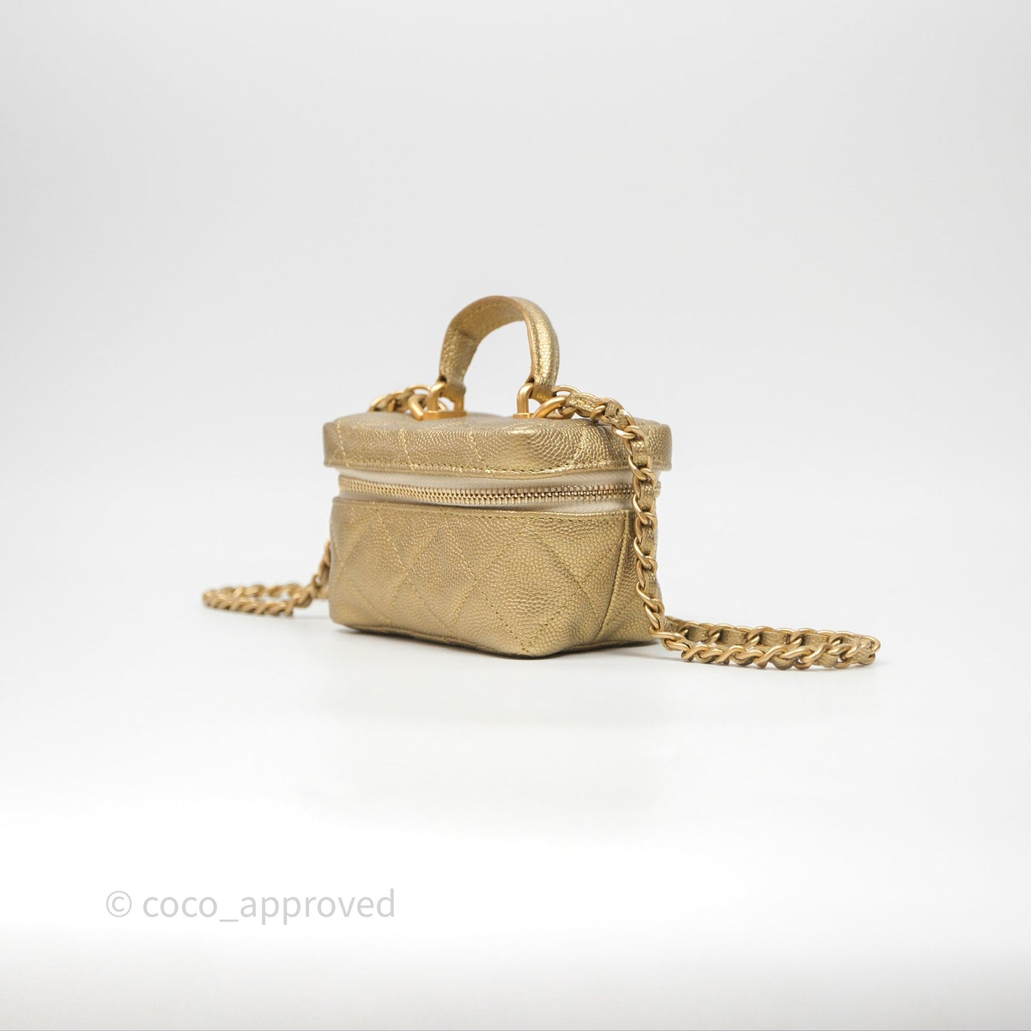 Chanel Quilted Mini Top Handle Vanity With Chain Gold Caviar Brushed Gold Hardware