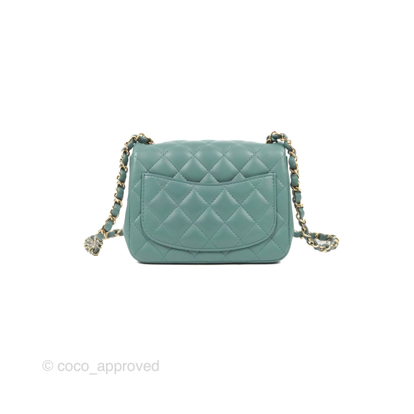Chanel Quilted Mini Square Flap Light Teal Blue Lambskin Gold Hardware
