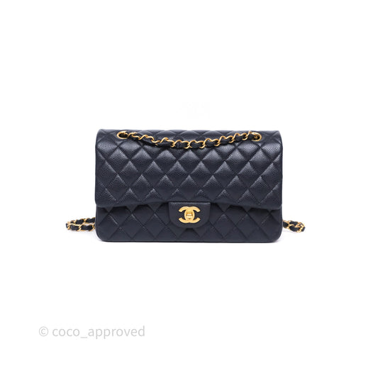 Chanel Classic M/L Medium Flap Quilted Navy Caviar Aged Gold Hardware