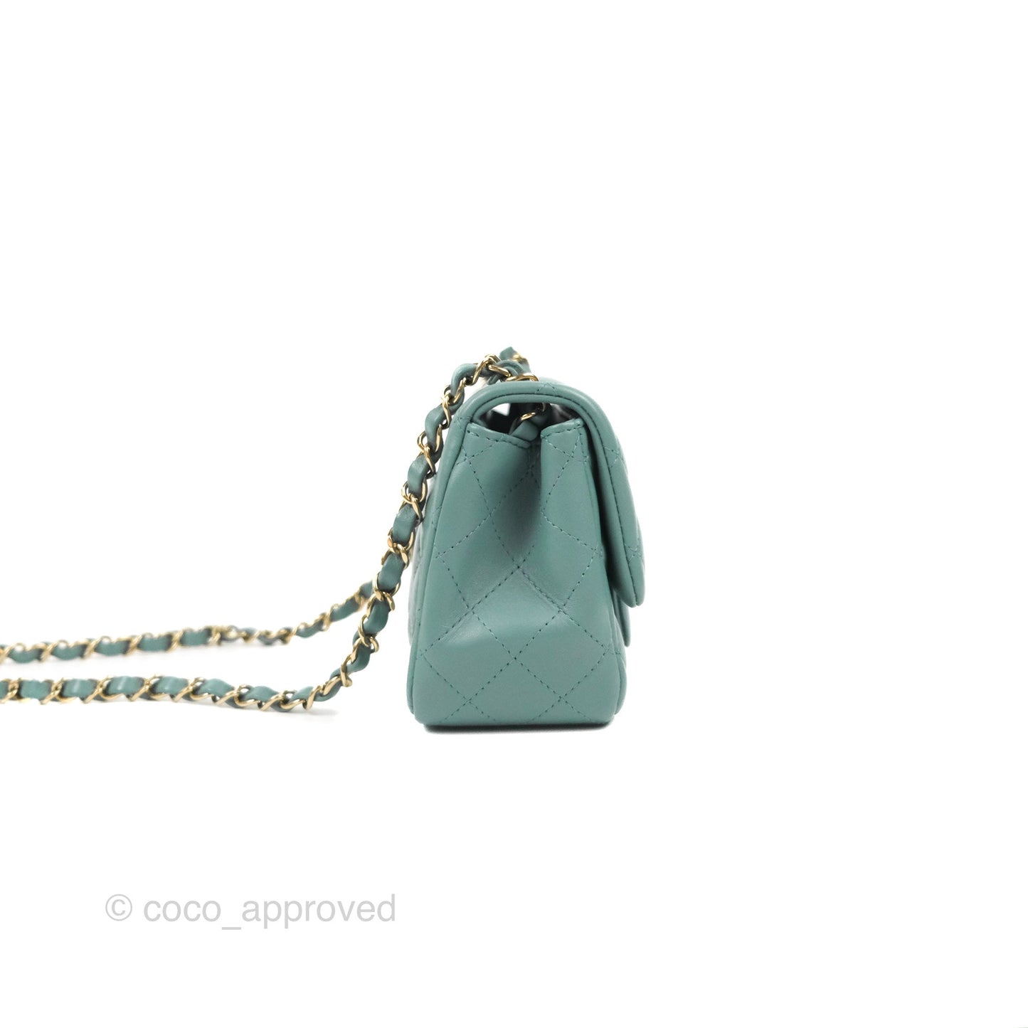 Chanel Quilted Mini Square Flap Light Teal Blue Lambskin Gold Hardware