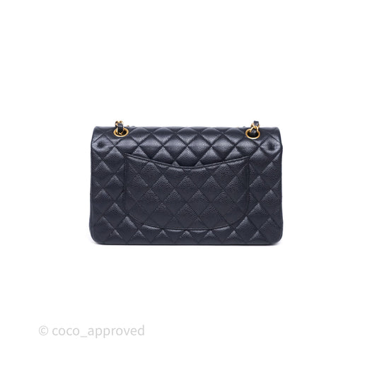 Chanel Classic M/L Medium Flap Quilted Navy Caviar Aged Gold Hardware