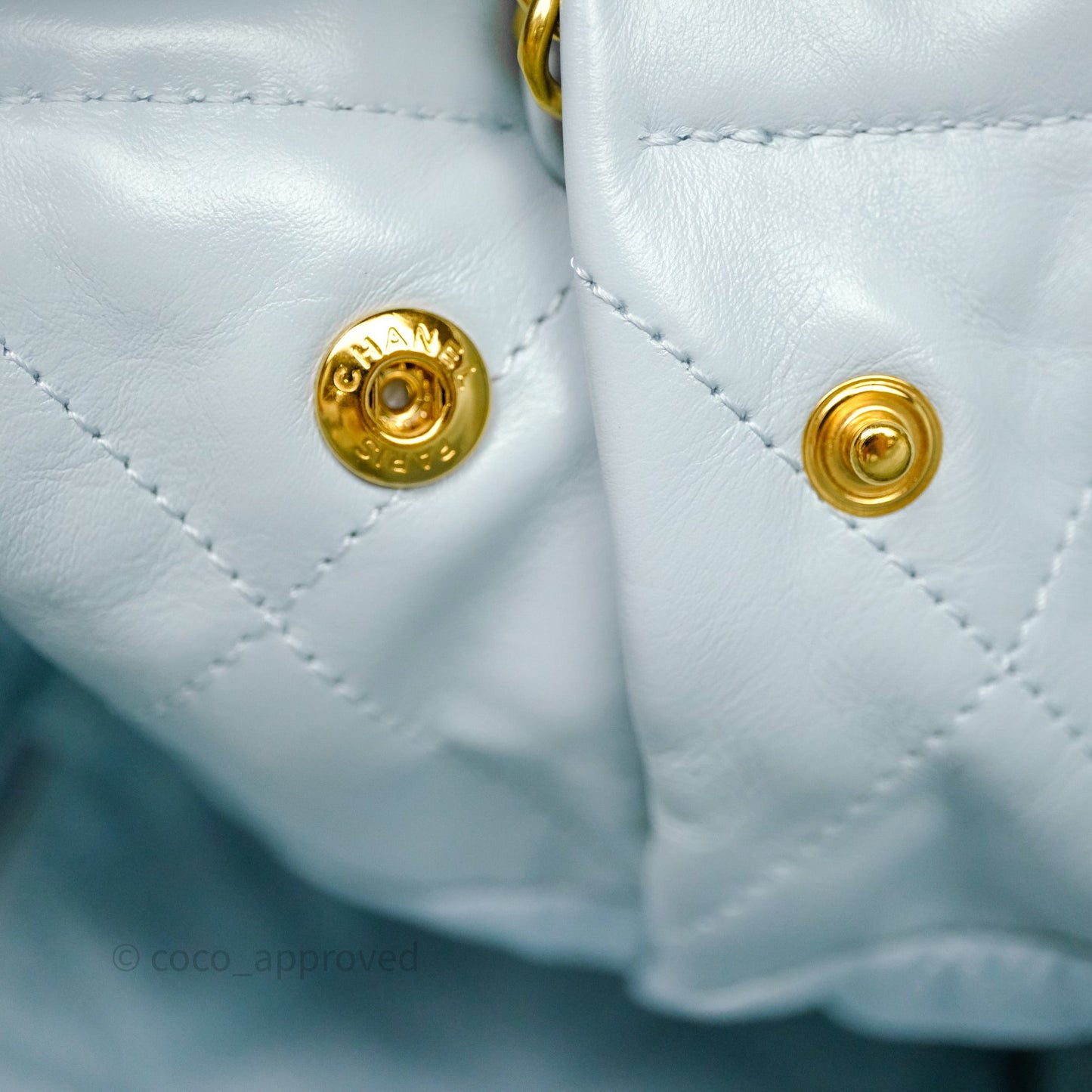 Chanel 22 Small Light Blue Shiny Calfskin Aged Gold Hardware