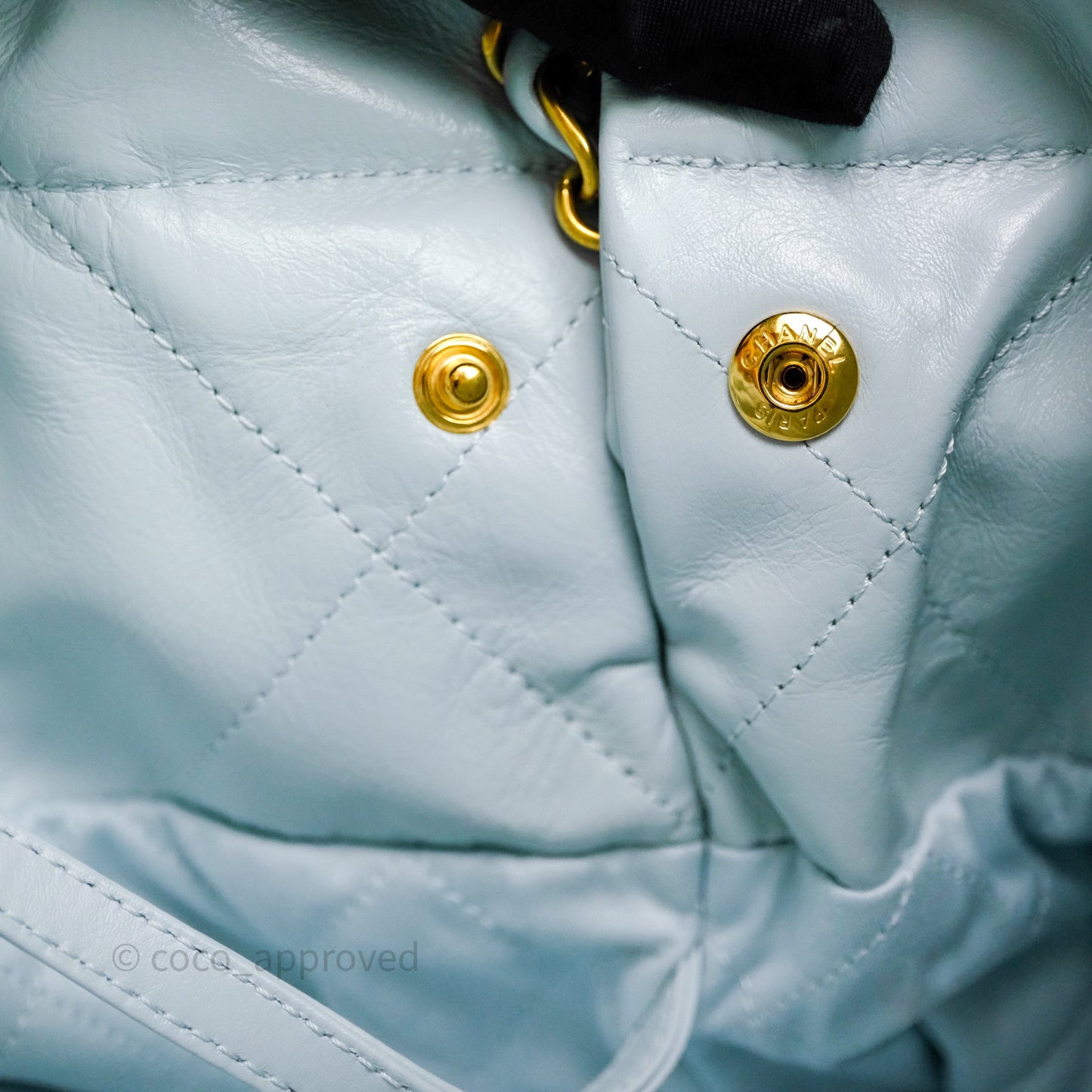 Chanel 22 Small Light Blue Shiny Calfskin Aged Gold Hardware