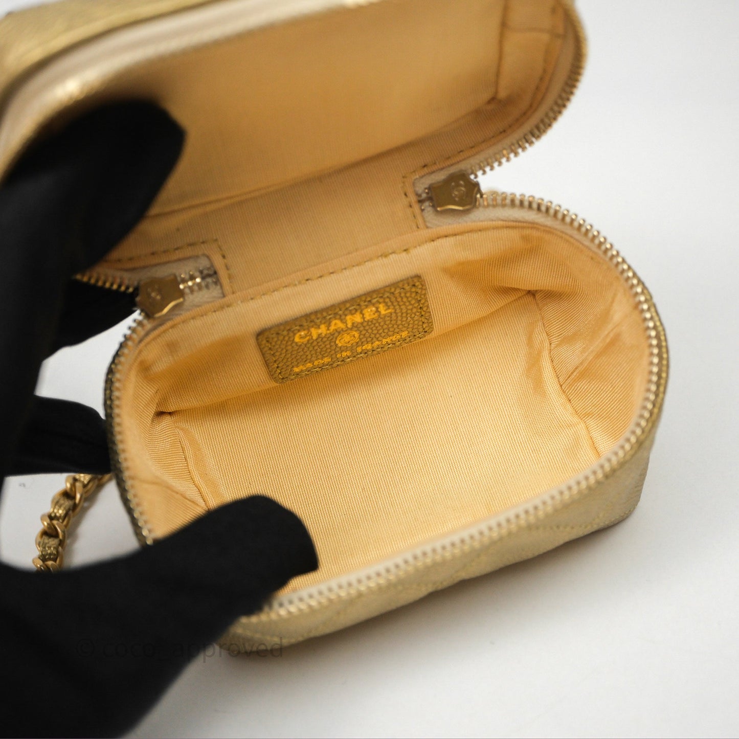 Chanel Quilted Mini Top Handle Vanity With Chain Gold Caviar Brushed Gold Hardware