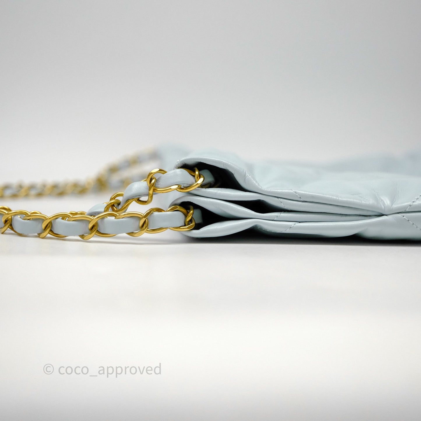 Chanel 22 Small Light Blue Shiny Calfskin Aged Gold Hardware