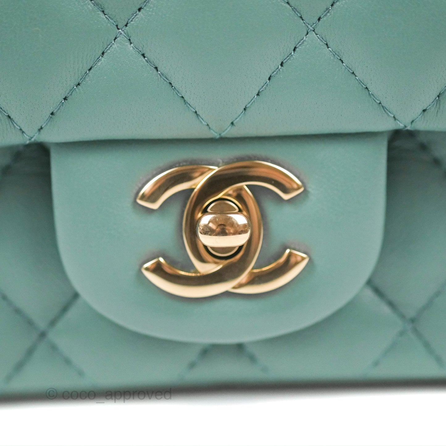 Chanel Quilted Mini Square Flap Light Teal Blue Lambskin Gold Hardware