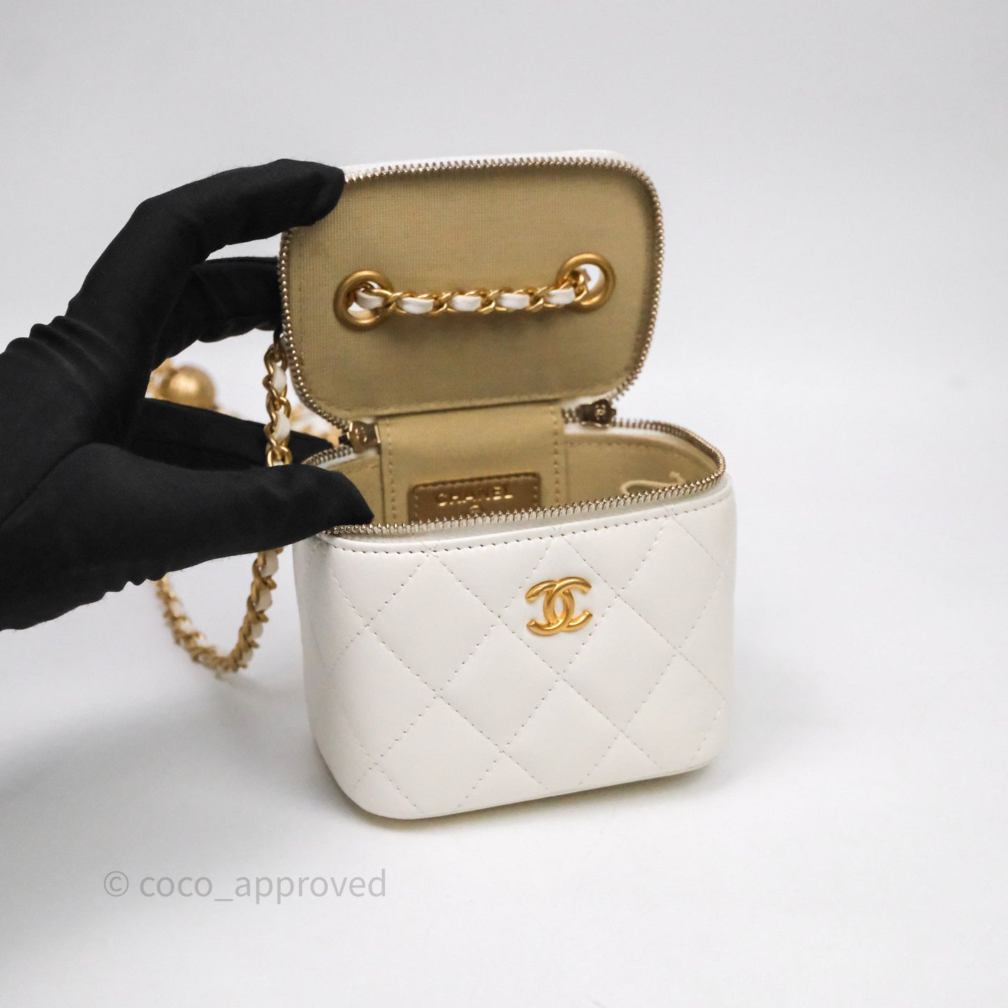 Chanel Quilted Pearl Crush Mini Vanity With Chain Ivory White Lambskin Aged Gold Hardware
