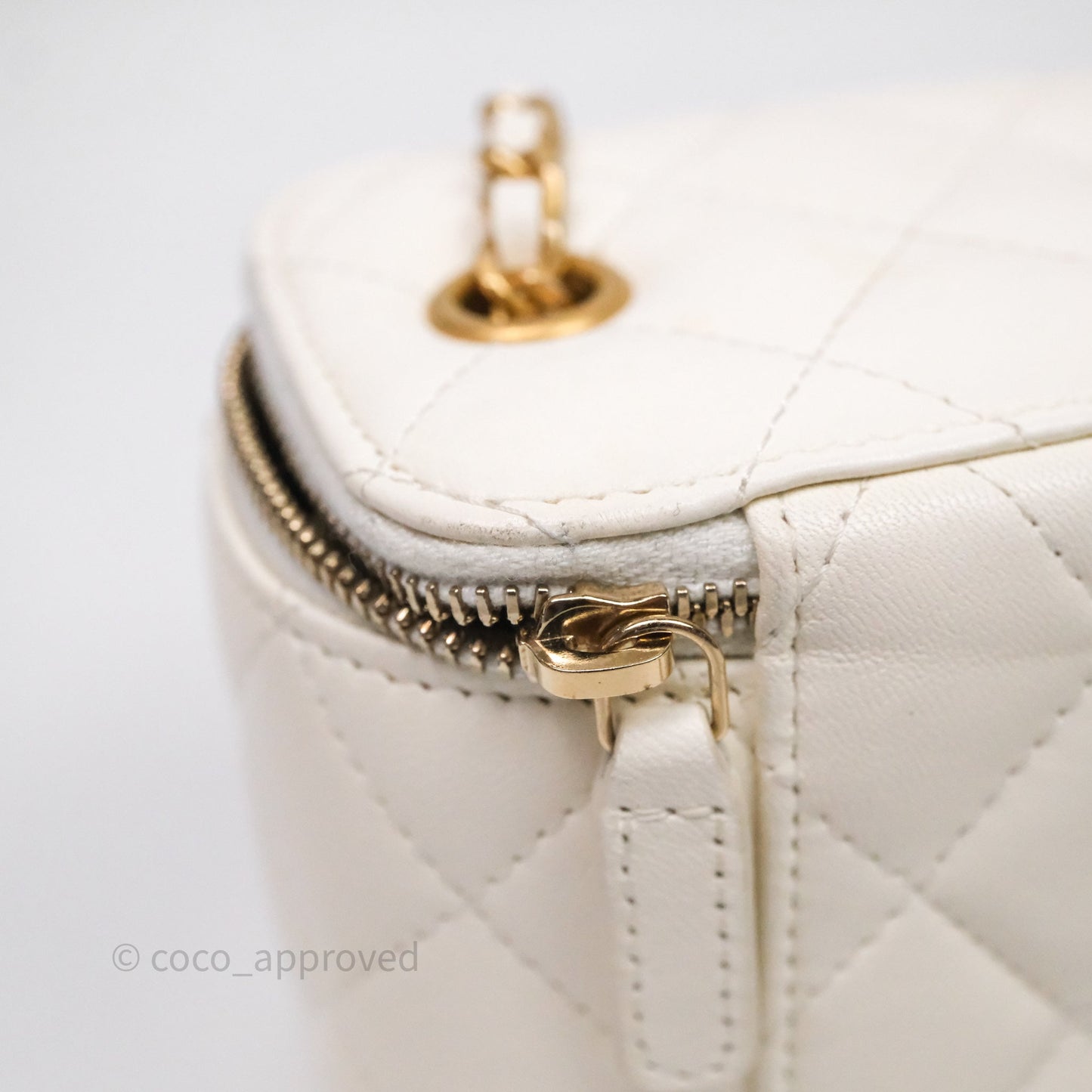 Chanel Quilted Pearl Crush Mini Vanity With Chain Ivory White Lambskin Aged Gold Hardware