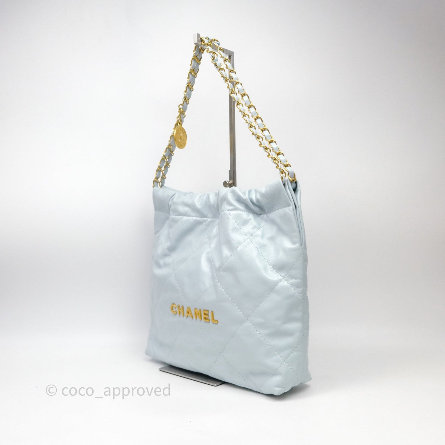 Chanel 22 Small Light Blue Shiny Calfskin Aged Gold Hardware