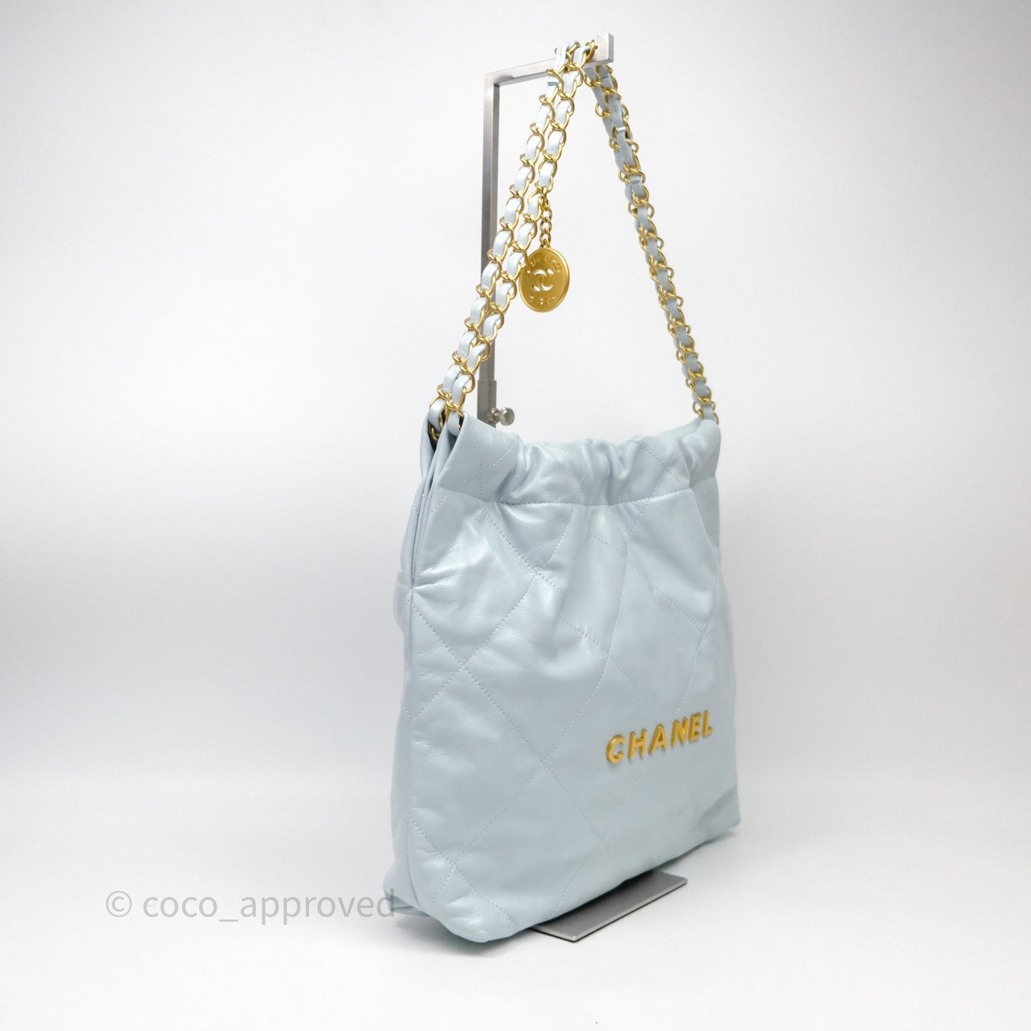 Chanel 22 Small Light Blue Shiny Calfskin Aged Gold Hardware
