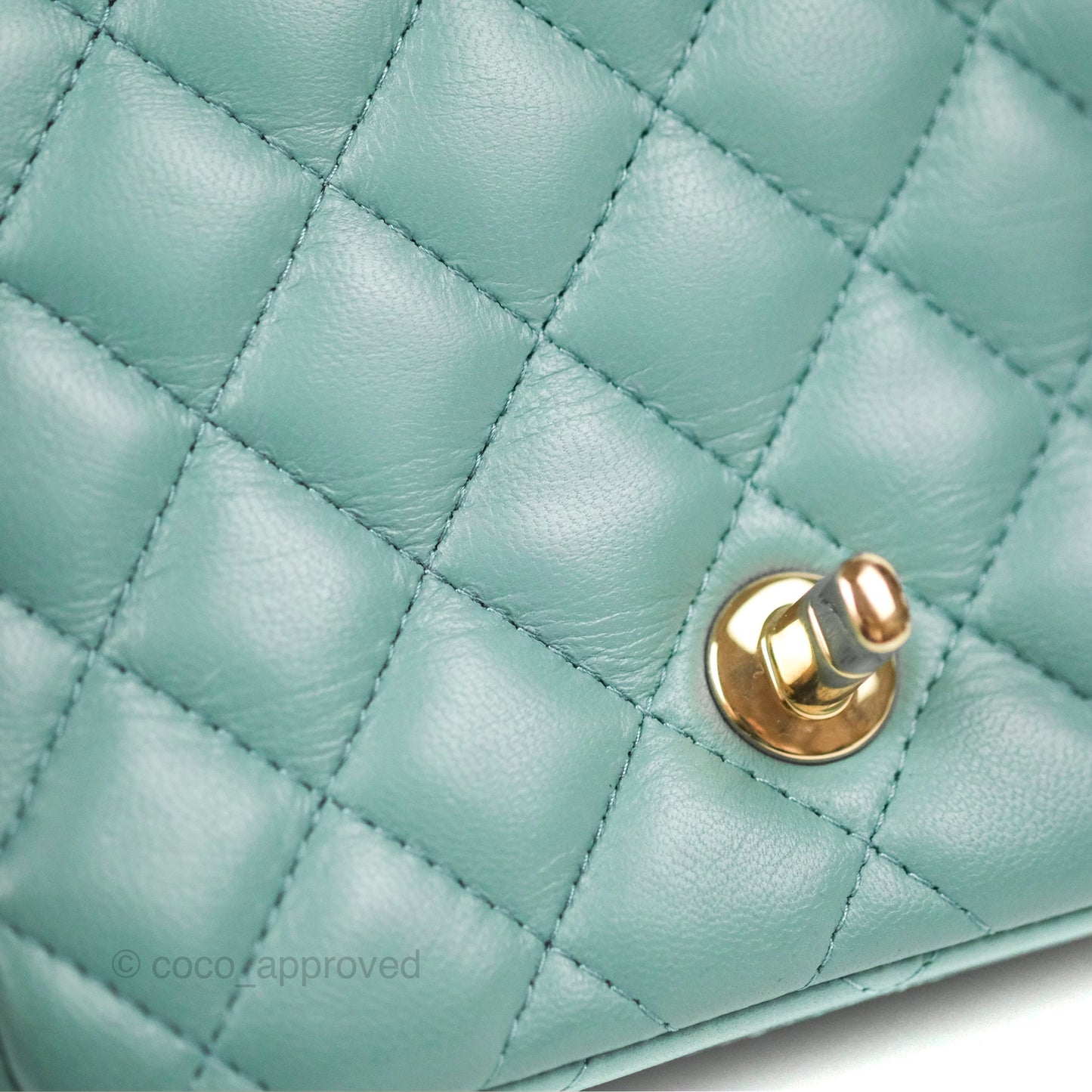 Chanel Quilted Mini Square Flap Light Teal Blue Lambskin Gold Hardware