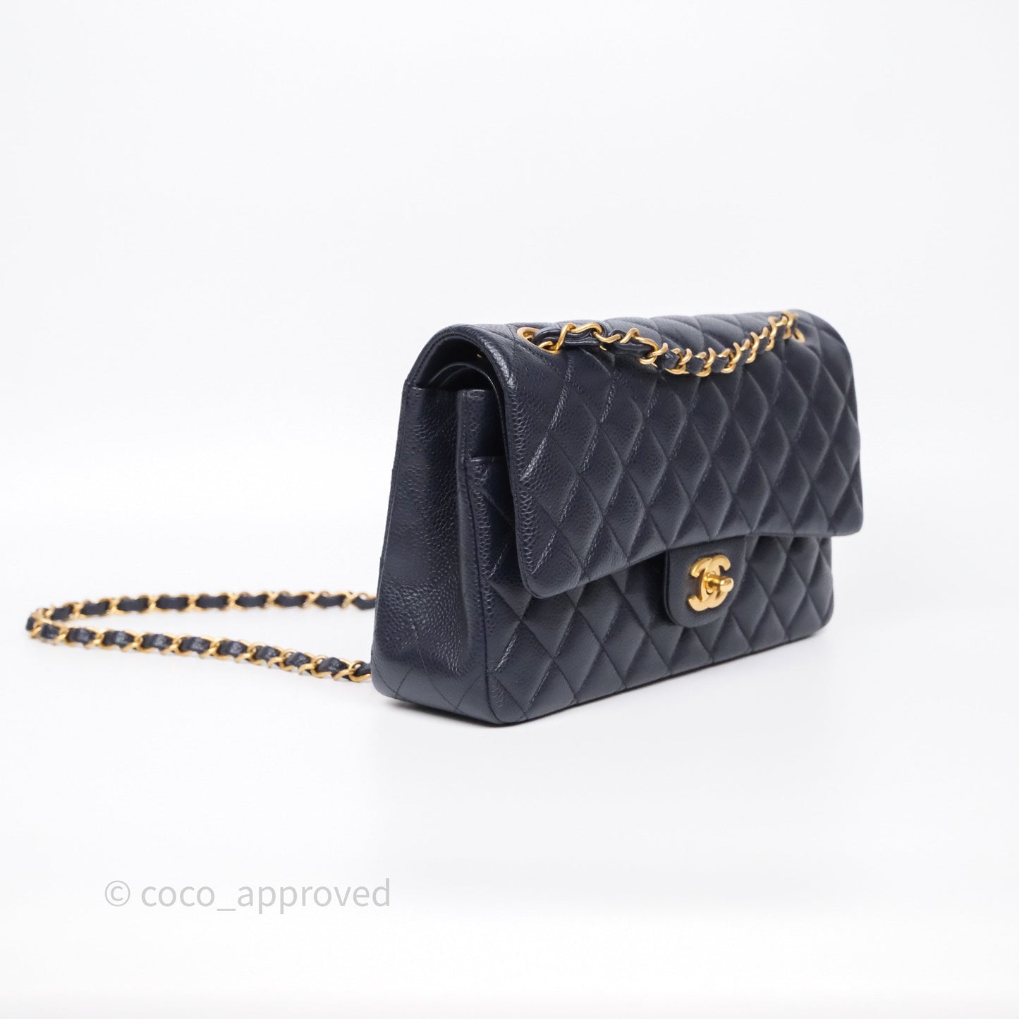 Chanel Classic M/L Medium Flap Quilted Navy Caviar Aged Gold Hardware