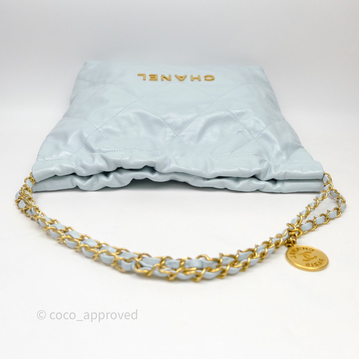 Chanel 22 Small Light Blue Shiny Calfskin Aged Gold Hardware